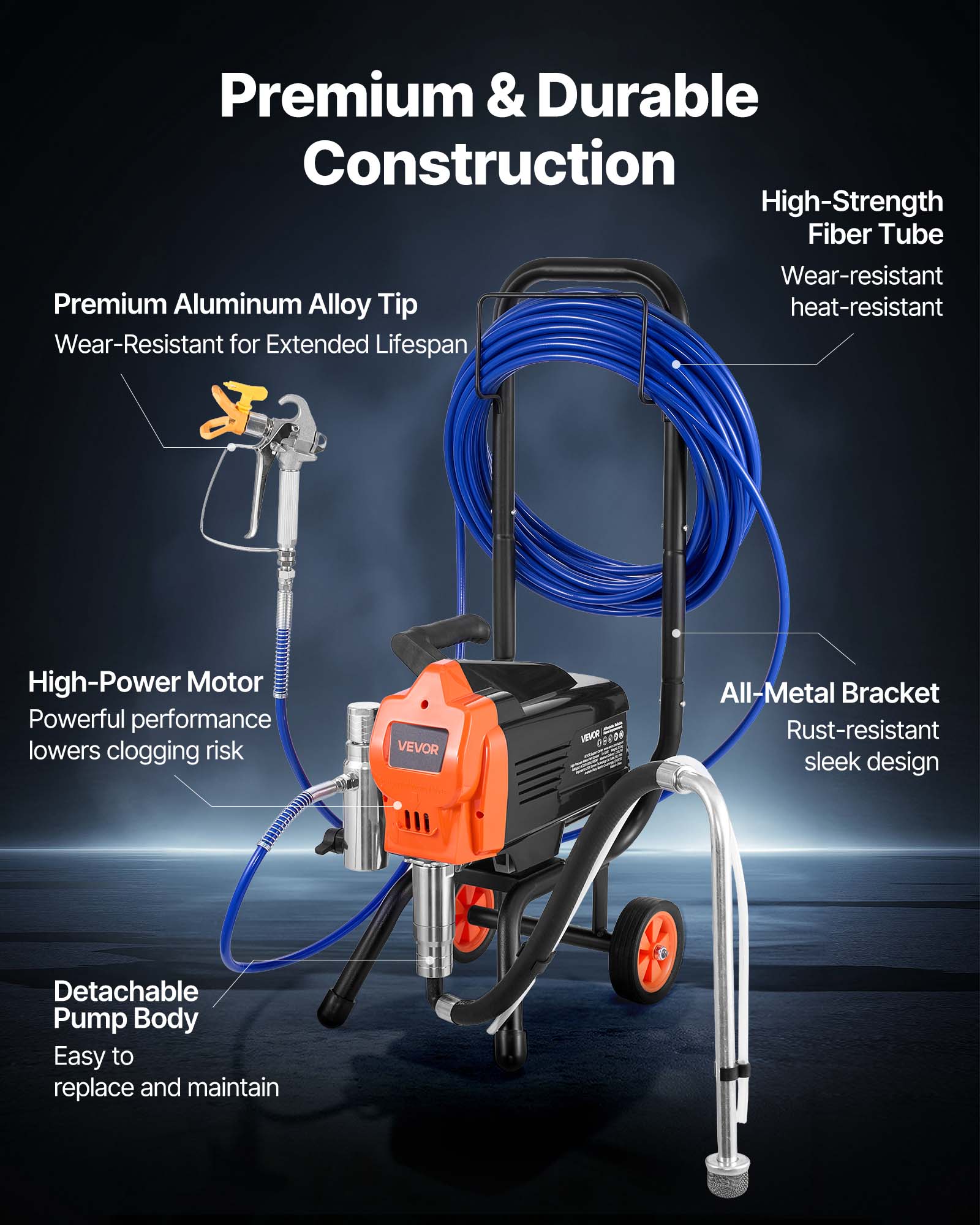 Premium & Durable Construction

- High-Strength Fiber Tube
- Wear-resistant
- Heat-resistant

- Premium Aluminum Alloy Tip
- Wear-Resistant for Extended Lifespan

- High-Power Motor
- Powerful performance lowers clogging risk

- All-Metal Bracket
- Rust-resistant
- Sleek design

- Detachable Pump Body
- Easy to replace and maintain