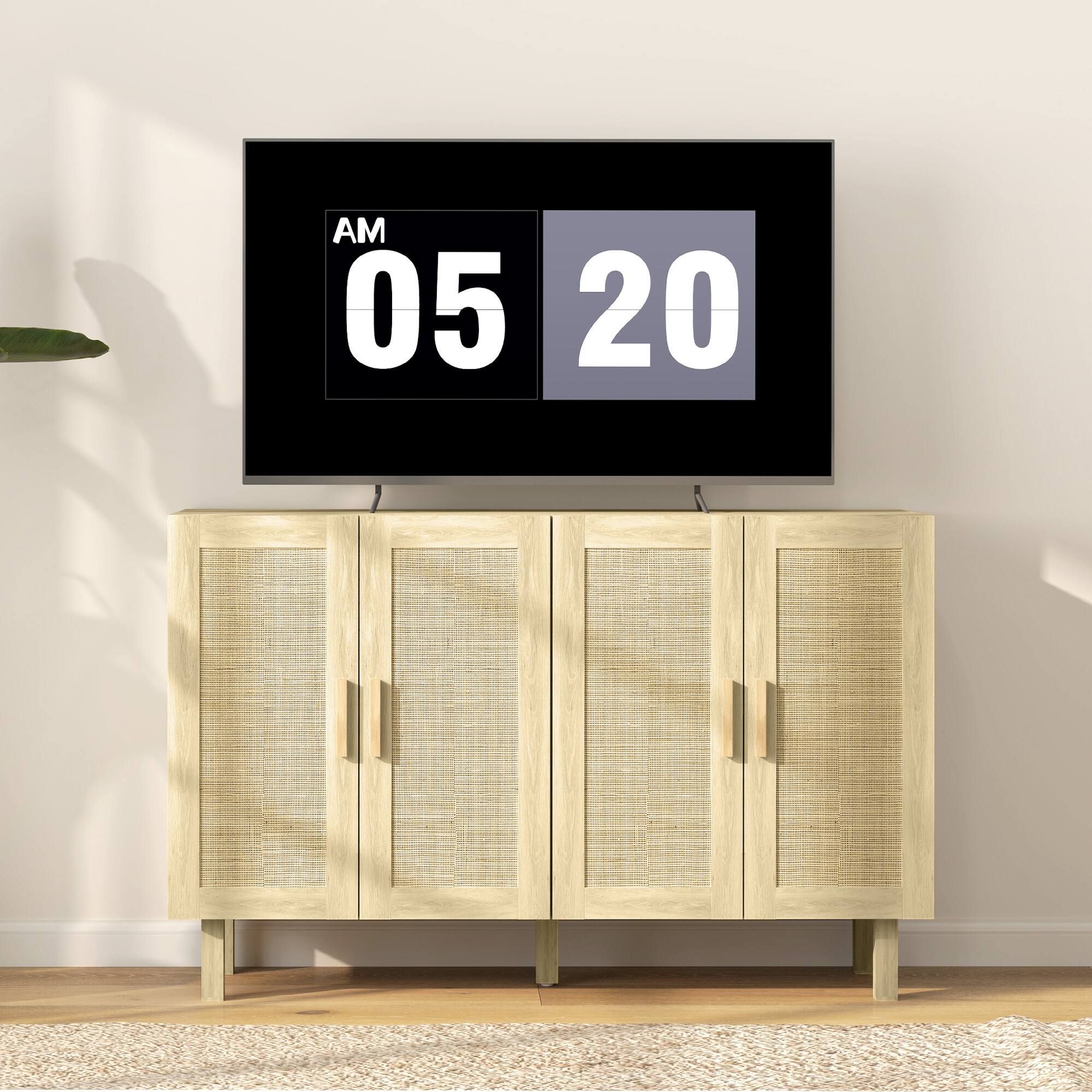 Alt View 4. Homcom - Boho Sideboard Buffet Cabinet, Coffee Bar Cabinet with 4 Rattan Doors and Adjustable Shelves for Kitchen, Living Room - Natural Wood.