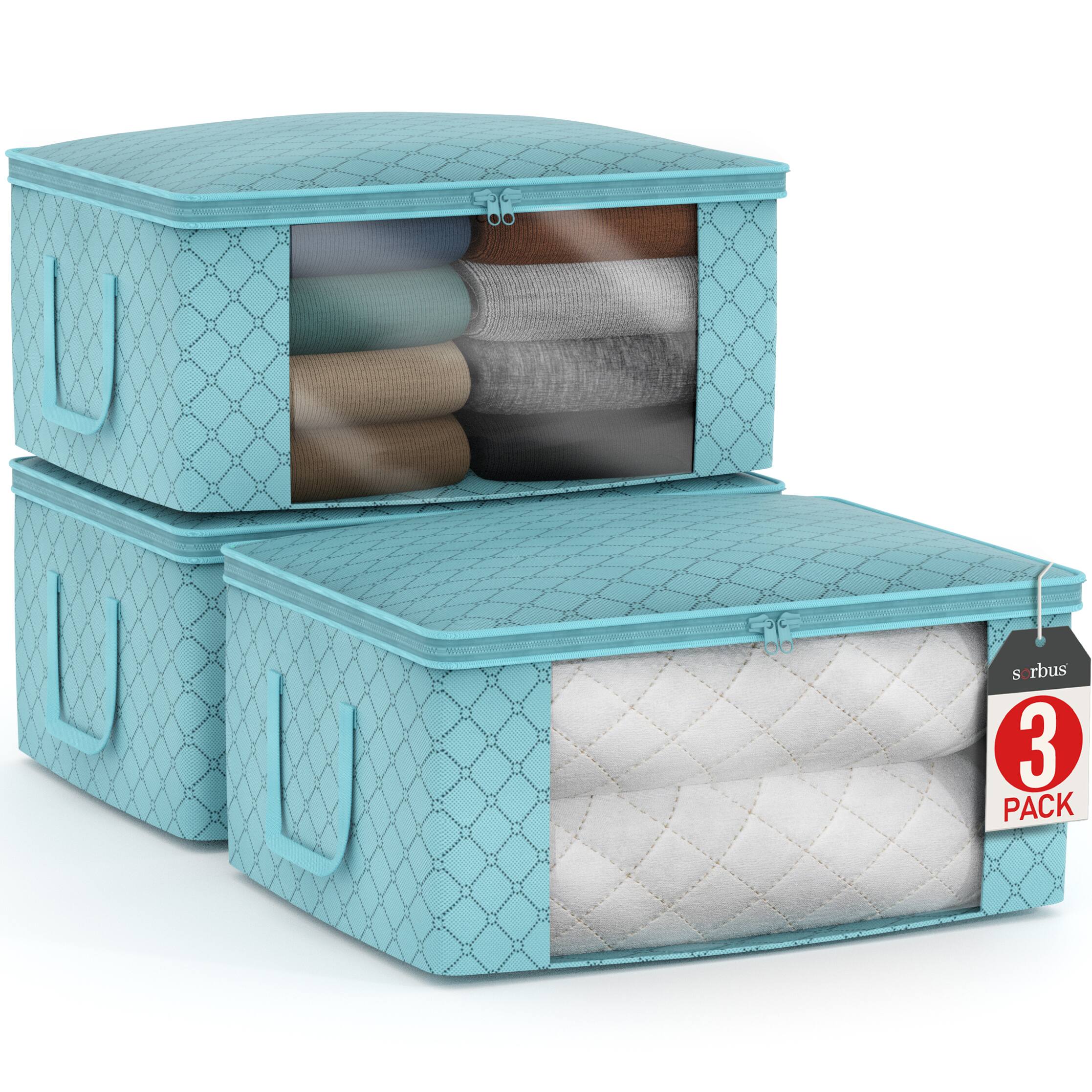 Sorbus - Foldable Storage Bag Organizers, Large Clear Window & Carry Handles, Great for Clothes, Blankets, Closets - Aqua