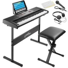 Ashthorpe - 61-Key Digital Keyboard - Beginner Kit w Stand - Stool - Phones and Mic - Black