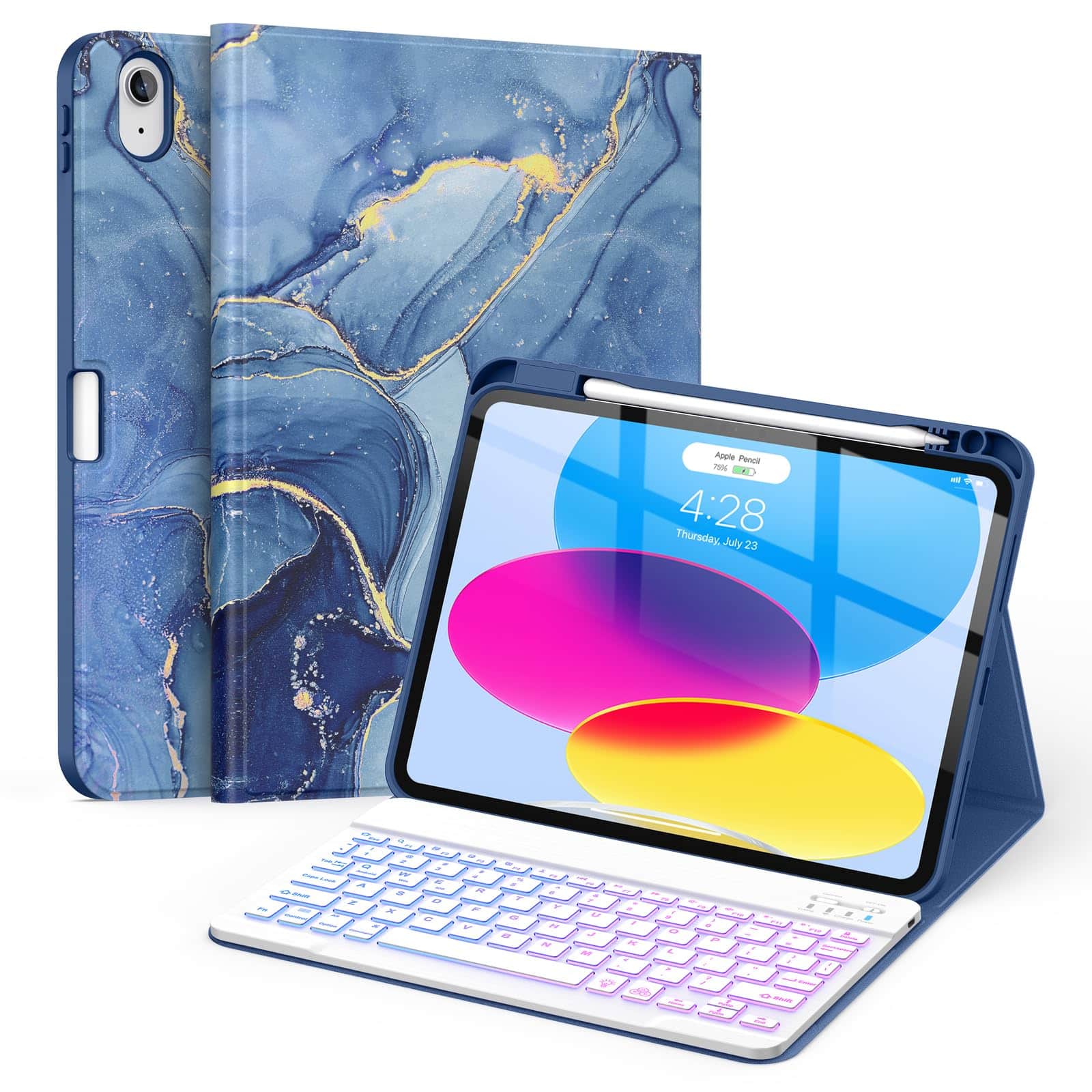 Pacoar Cade - For Ipad (a16) 11th/10th Generation Case With Keyboard(2025/2022)-7 Color Backlight Wireless Detachable Folio Cover - Ocean Marble