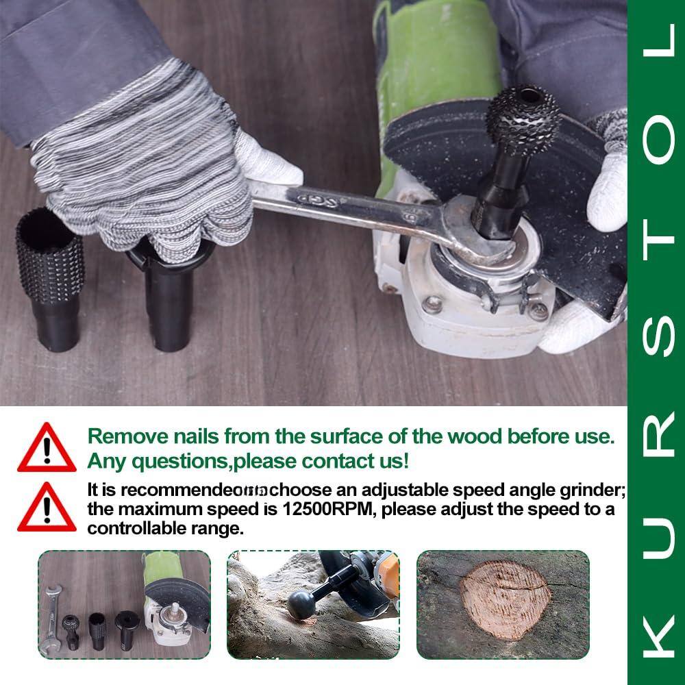 Remove nails from the surface of the wood before use. Any questions, please contact us! It is recommended to choose an adjustable speed angle grinder; the maximum speed is 12500RPM, please adjust the speed to a controllable range.