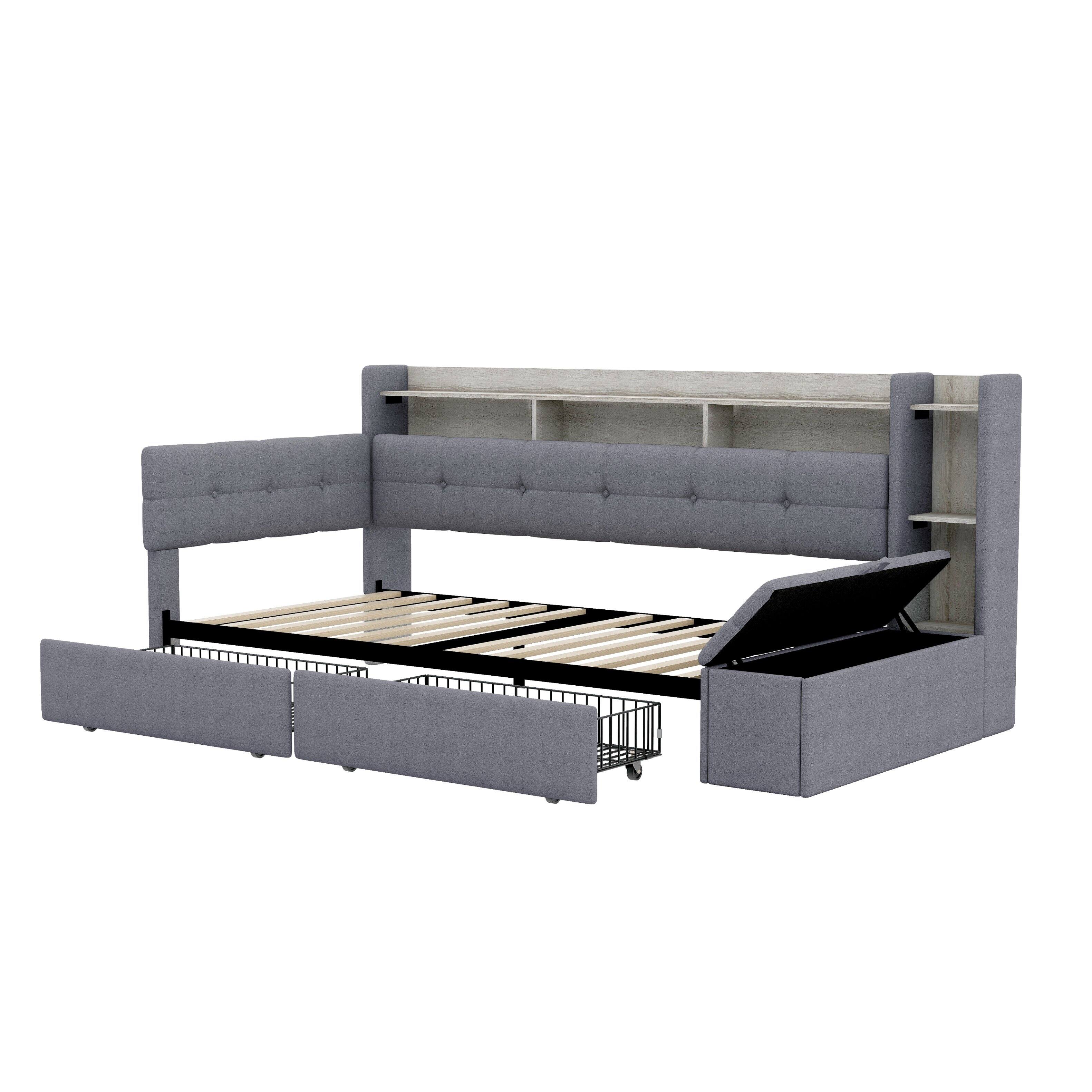 Angle. Whisen - Upholstered Daybed with Storage Drawers, LED Light, USB Ports & Footstool - Gray.