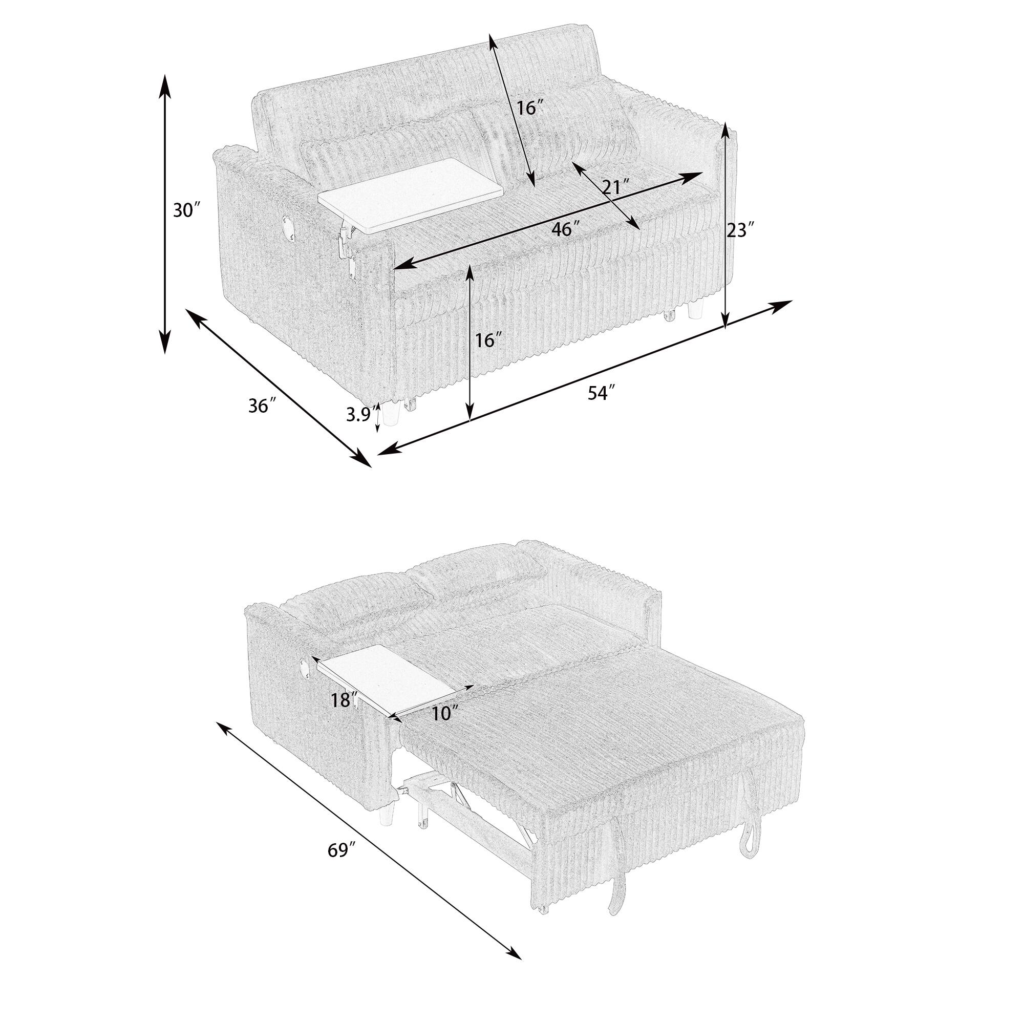 Sure, here is the corrected and grouped text from the image:

- **Dimensions of the larger sofa:**
  - Width: 54"
  - Depth: 36"
  - Height: 30"
  - Seat Height: 16"
  - Seat Depth: 21"
  - Arm Height: 23"
  - Arm Width: 16"
  - Back Height: 46"
  - Arm to Back Height: 3.9"

- **Dimensions of the smaller sofa:**
  - Width: 69"
  - Depth: 18"
  - Height: 10"