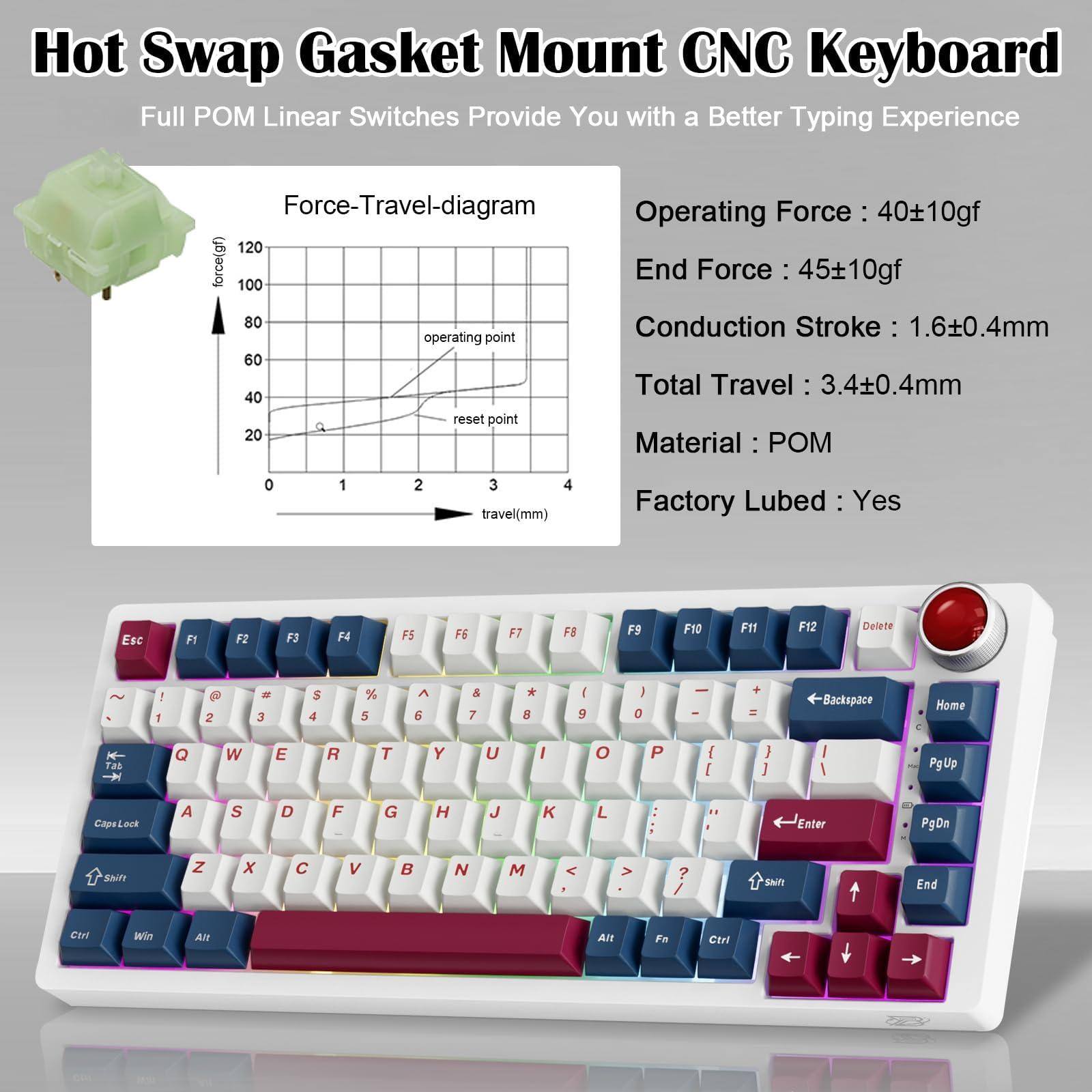 Hot Swap Gasket Mount CNC Keyboard  
Full POM Linear Switches Provide You with a Better Typing Experience  

Force-Travel-diagram  
Operating Force: 40±10gf  
End Force: 45±10gf  
Conduction Stroke: 1.6±0.4mm  
Total Travel: 3.4±0.4mm  
Material: POM  
Factory Lubed: Yes  

Esc F1 F2 F3 F4 F5 F6 F7 F8 F9 F10 F11 F12 Delete  
~ 1 ! 2 @ 3 # 4 $ 5 % 6 ^ 7 & 8 * 9 ( 0 ) - = Backspace  
Q W E R T Y U I O P [ ] \  
A S D F G H J K L ; ' Enter  
Z X C V B N M , . /  
Shift Caps Lock  
Ctrl Win Alt Fn Ctrl  
PgUp Home PgDn End  
Shift  
PgDn