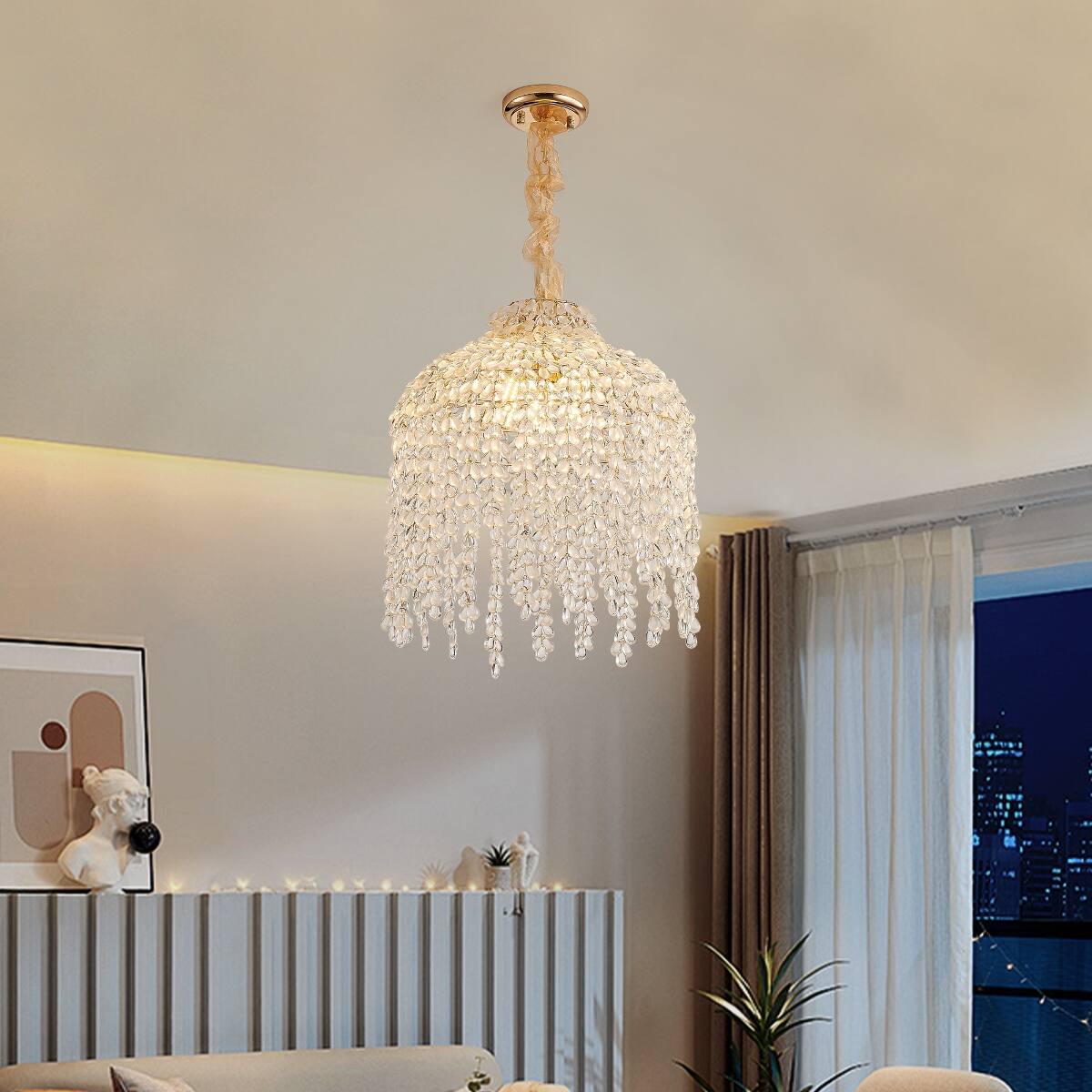 Left. Loheer - Loheer 5-Light Crystal Pendant Chandelier, Gold Waterfall Design, 16-Inch Ceiling Fixture.