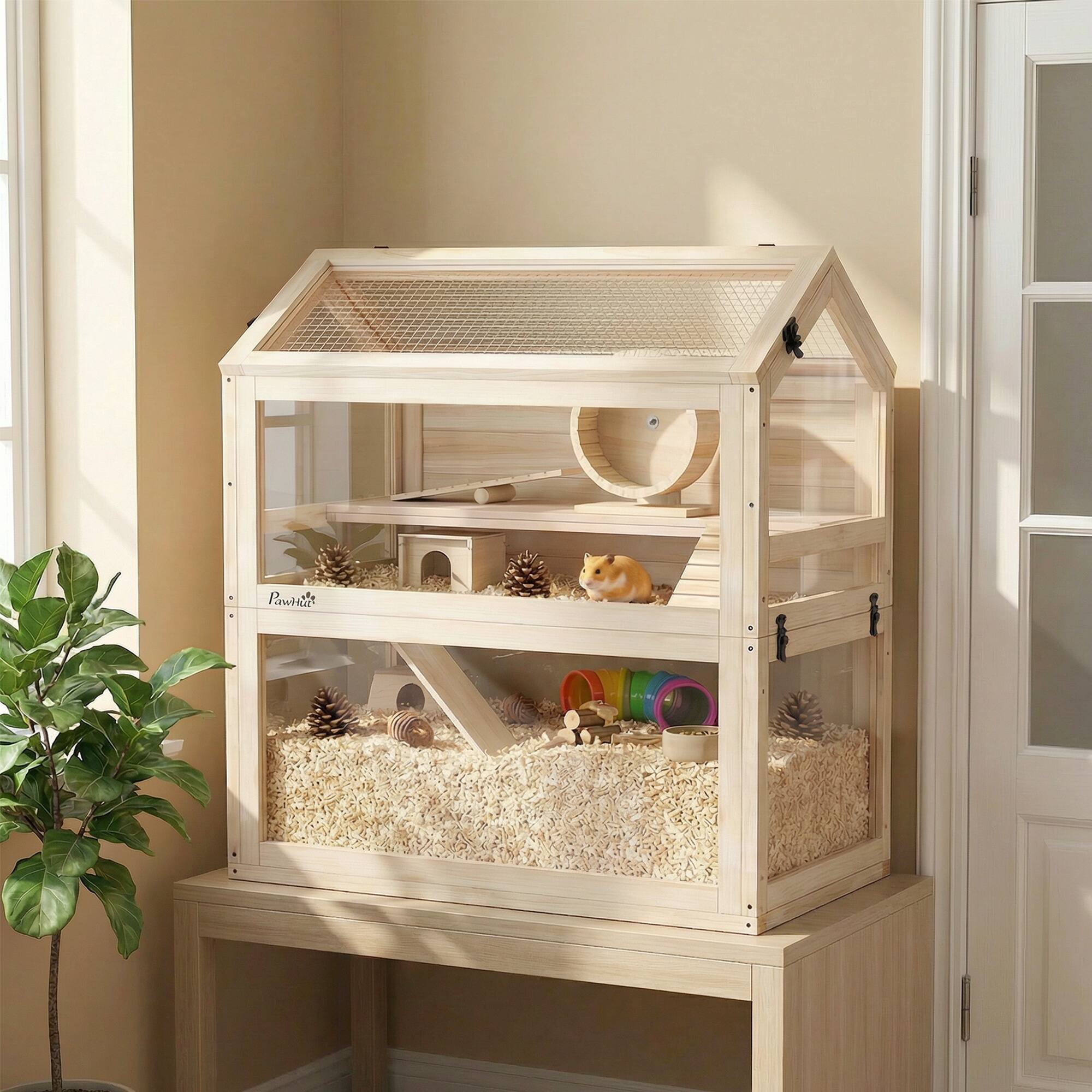 Alt View 1. Pawhut - Hamster Cage, 3-Tier Small Animal Cage with Hut, Seesaw, Ramps, Exercise Wheel - Natural Wood.
