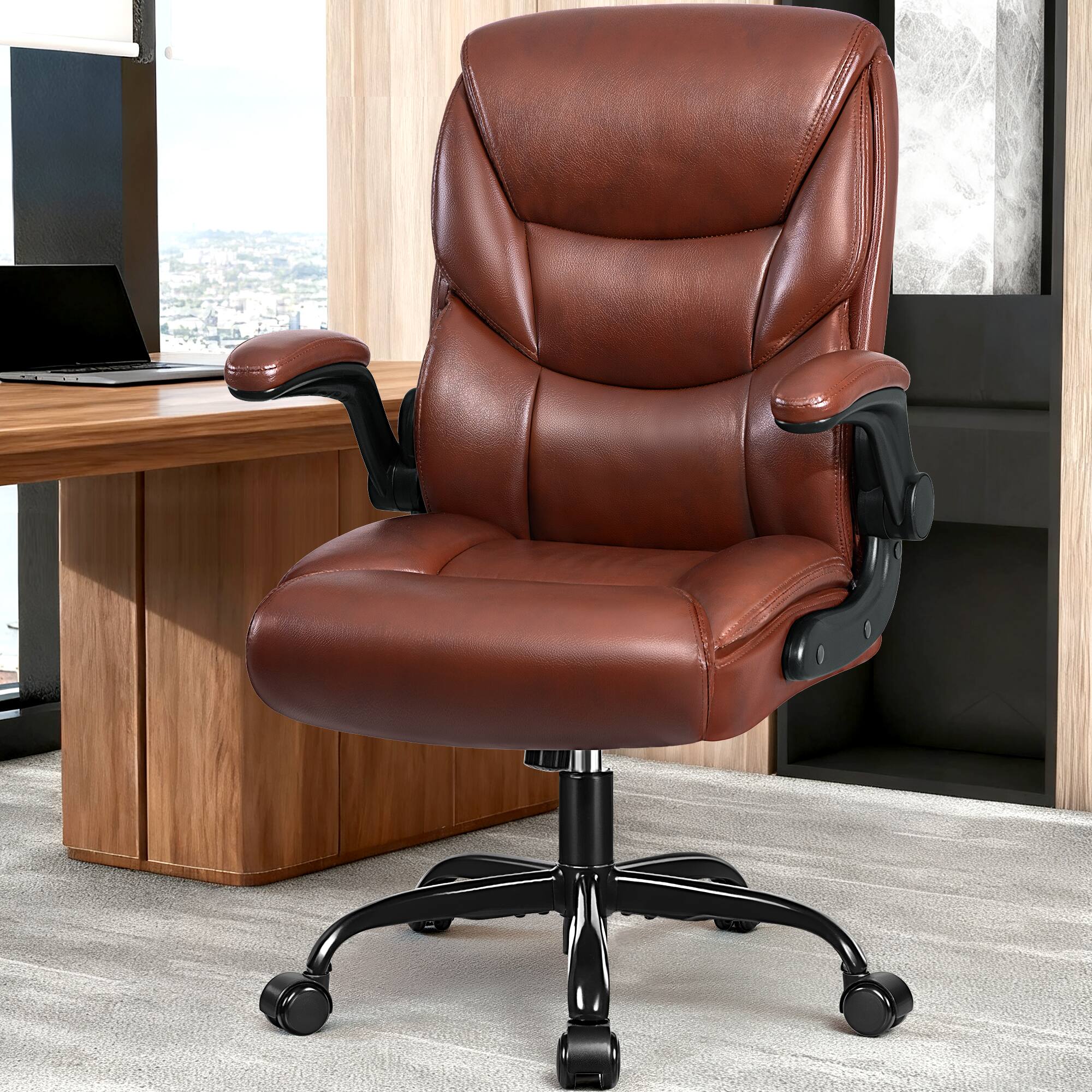 Alt View 4. KERDOM - PU Leather Ergonomic Home Desk Chair, Tilt Swivel Mid Back Computer Chair Adjustable Height, Padded Flip-Up Armrests - Brown.