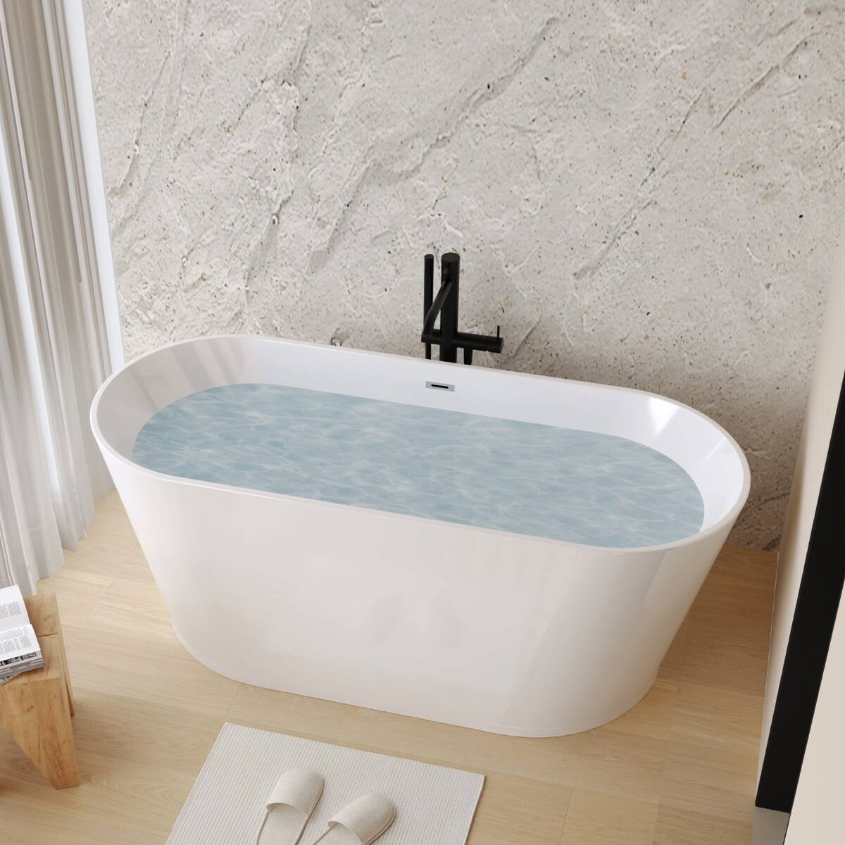 Angle. Loheer - Loheer 59 Inch Freestanding Soaking Tub Oval Acrylic Bathtub Gloss White Center Drain - Gloss White.
