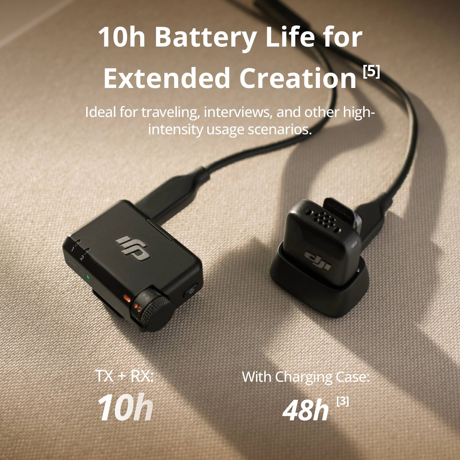 10h Battery Life for Extended Creation [5]  
Ideal for traveling, interviews, and other high-intensity usage scenarios.  

TX + RX: 10h  
With Charging Case: 48h [3]