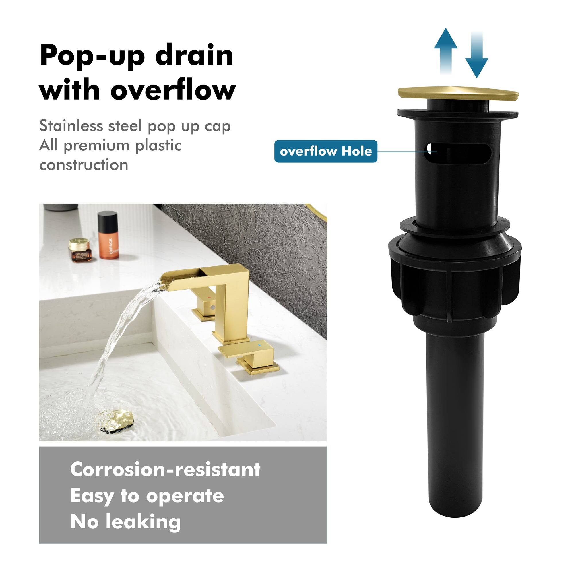 Pop-up drain with overflow

Stainless steel pop up cap  
All premium plastic construction

Corrosion-resistant  
Easy to operate  
No leaking

overflow Hole