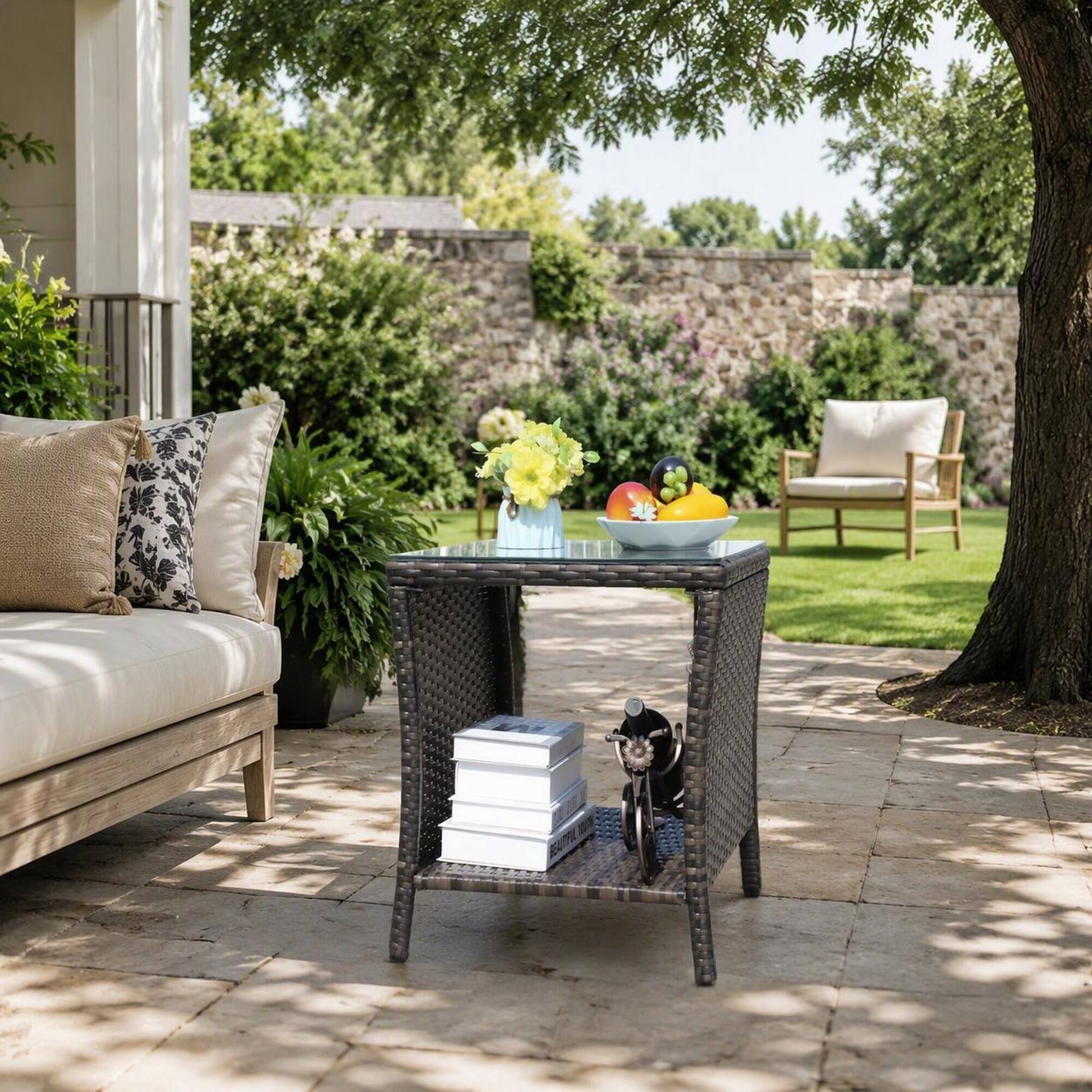 Angle. RYHNUYNE - Brown Wicker Coffee Table with Clear Tempered Glass Top, Weather-Resistant Outdoor Patio Furniture - Brown.