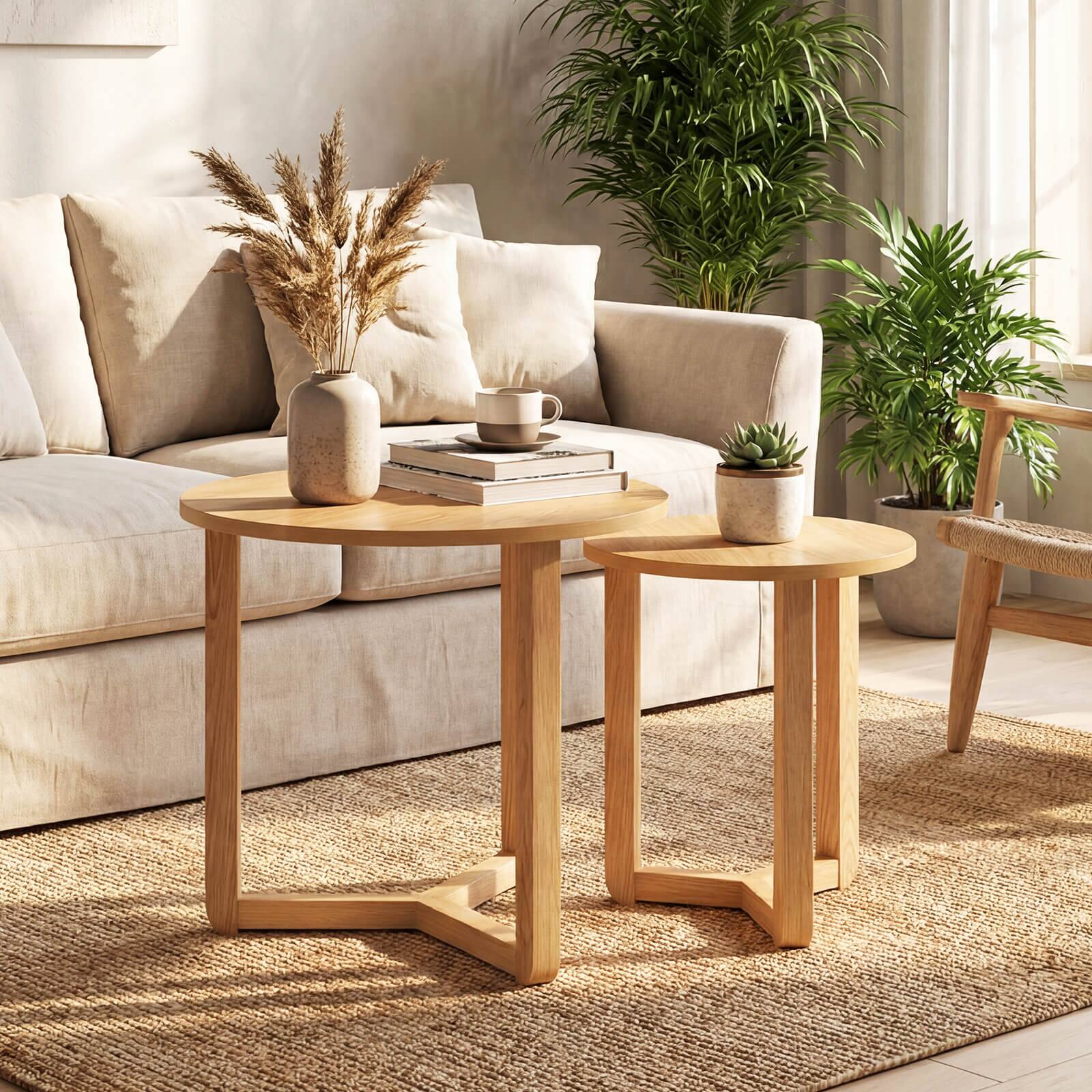 Alt View 1. Costway - Costway Round Nesting Coffee Table Set of 2 with Thickened Top & Solid Rubber Wood Legs - Natural.