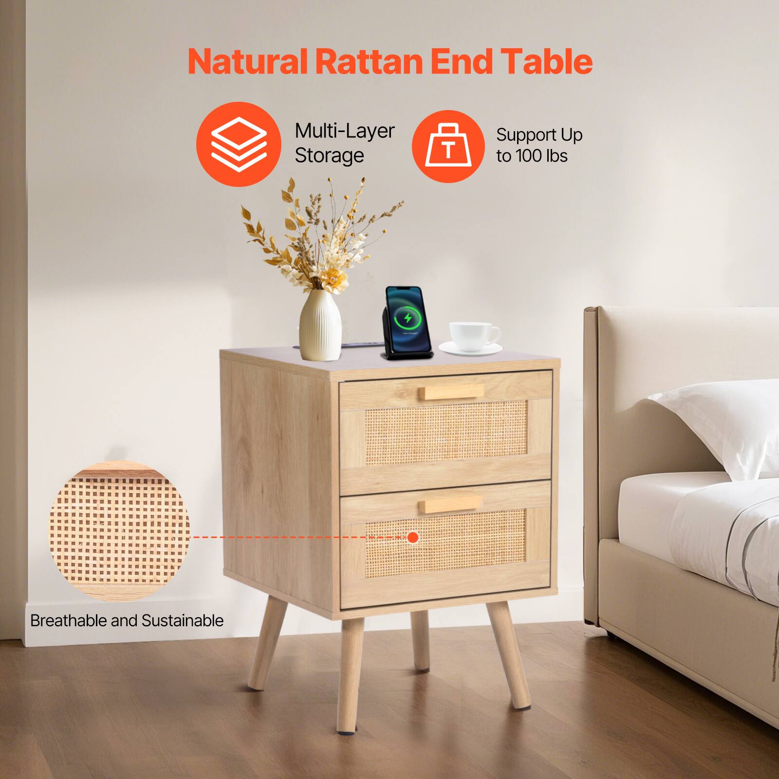 Natural Rattan End Table

- Multi-Layer Storage
- Support Up to 100 lbs
- Breathable and Sustainable