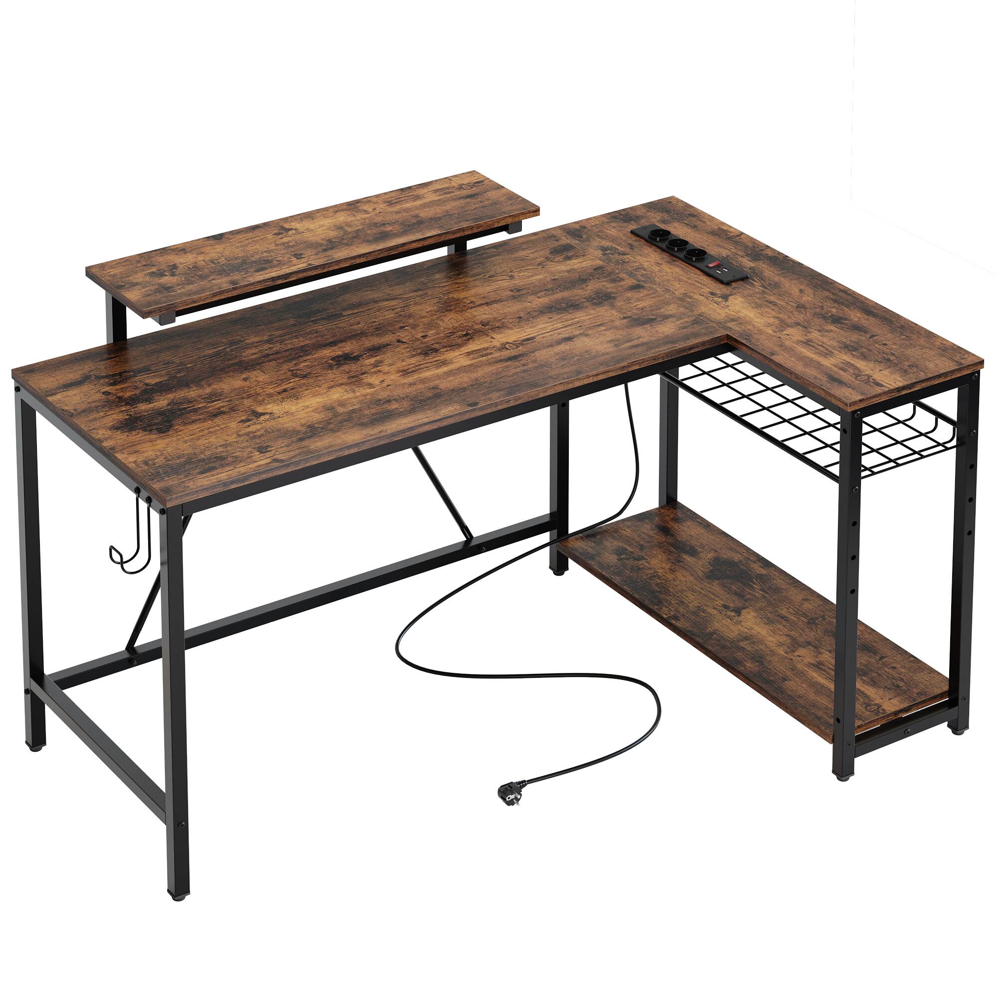 Alt View 4. Bestier - L-Shaped Computer Desk with LED Lights - Brown.