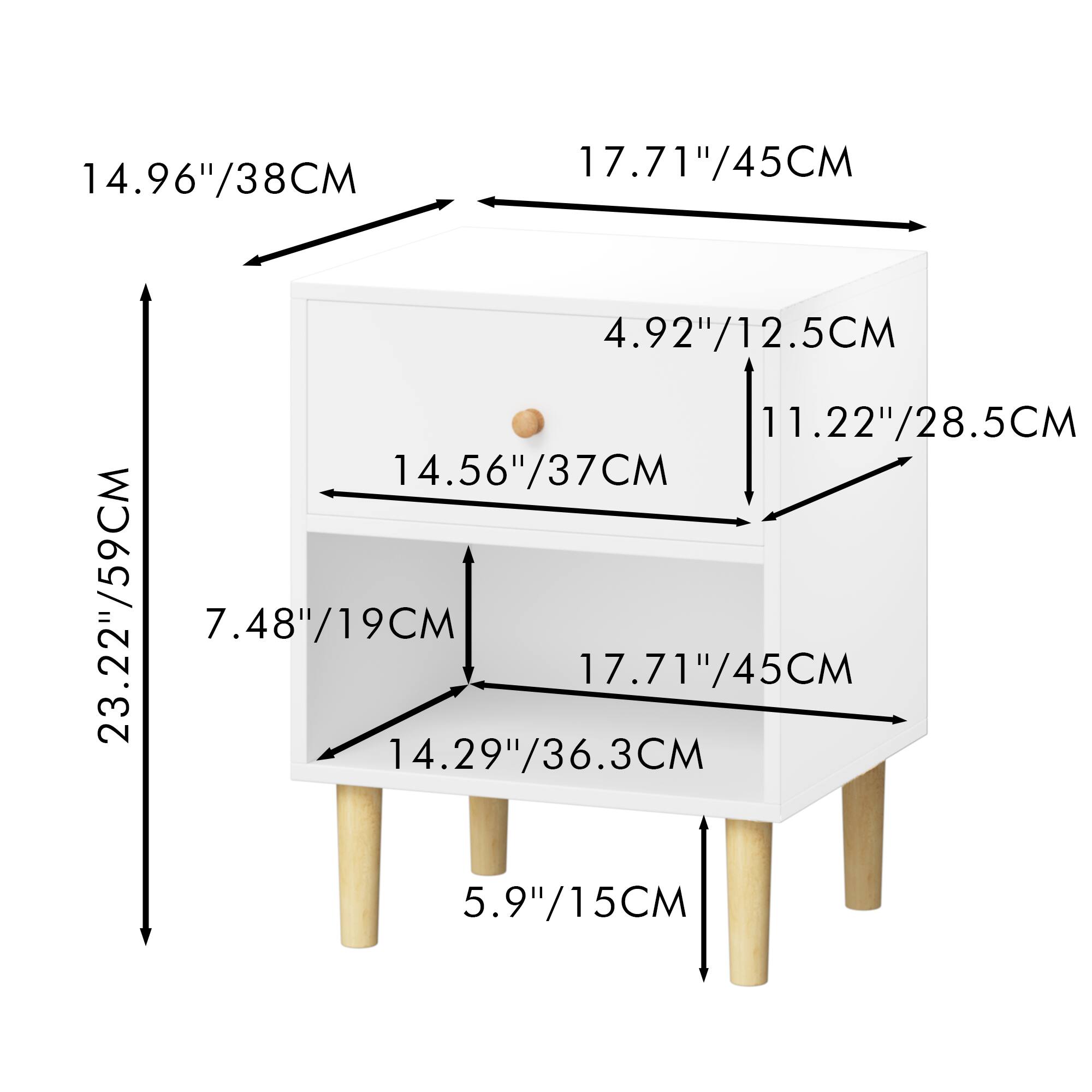 14.96"/38CM  
17.71"/45CM  
4.92"/12.5CM  
11.22"/28.5CM  
14.56"/37CM  
23.22"/59CM  
7.48"/19CM  
17.71"/45CM  
14.29"/36.3CM  
5.9"/15CM