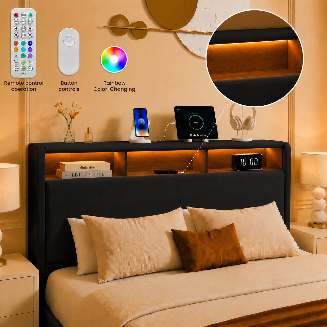 Remote control operation  
Button controls  
Rainbow Color-Changing