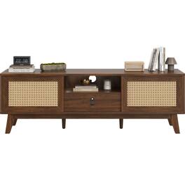 GOODSILO - Mid-Century Modern Rattan TV Stand with Drawer and Cabinets, Stylish Entertainment Center for Living Room Storage - Walnut