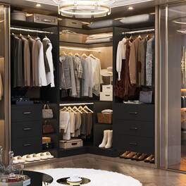 Aheaplus - L Shaped Closet System with 4 Drawers, 4 Hanging Rods, and Corner Tower, 80.9'' Corner Wardrobe System, Reversible - Black