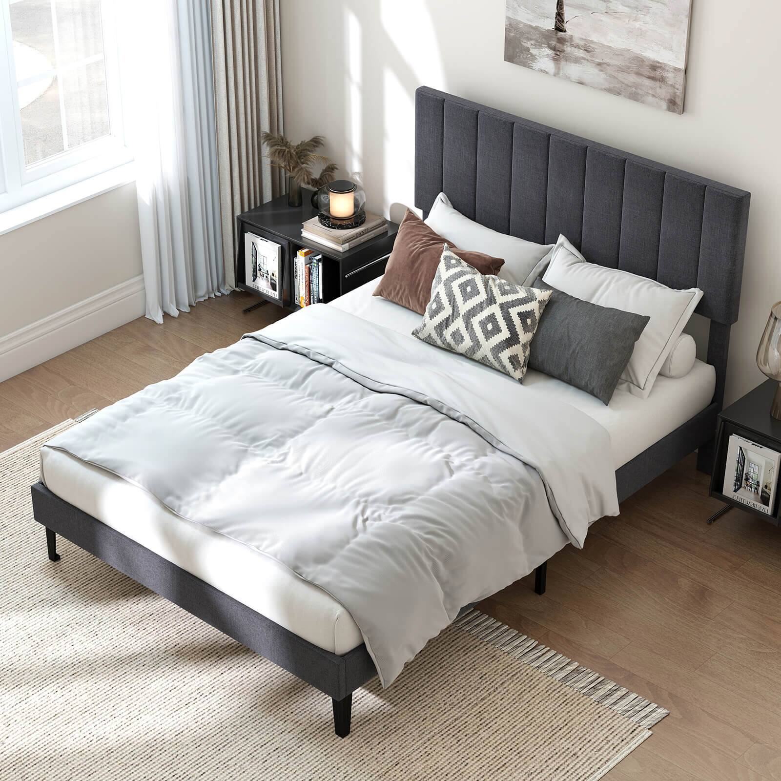 Alt View 4. Costway - Costway Full Size Bed Frame with Height Adjustable Vertical Channel Headboard, Noise Free - Gray.
