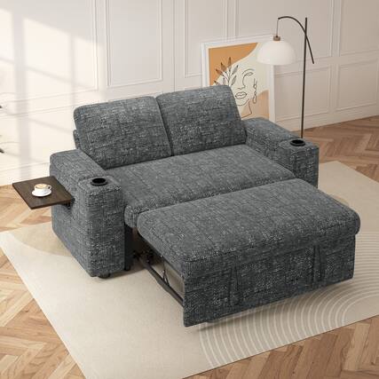 Front. Vipbear - 65" Chenille 3-in-1 Convertible Sofa Bed with Reclining Backrest|USB Ports|Cup Holders|Side Table|Storage Armrests - Grey.