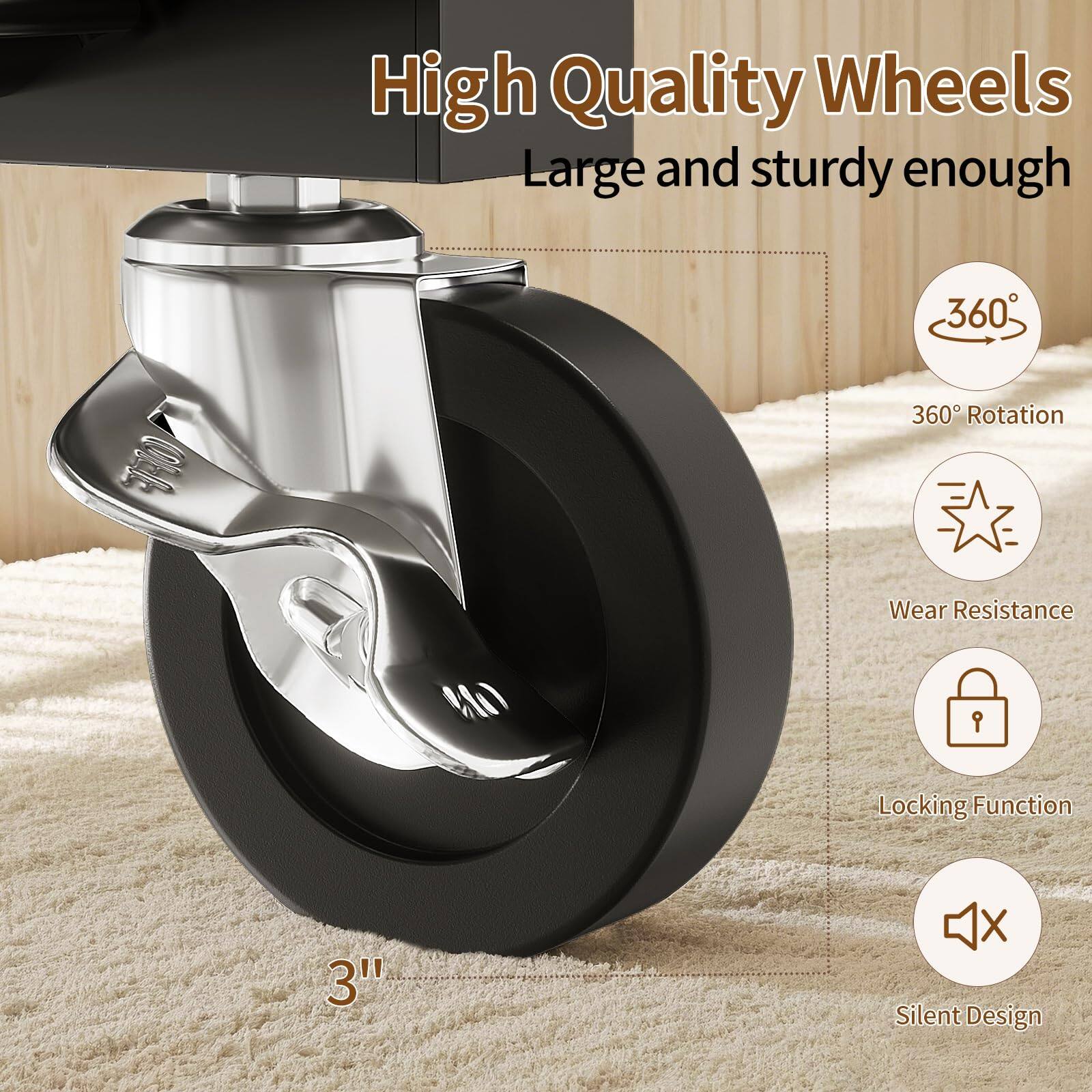 High Quality Wheels  
Large and sturdy enough  

360° Rotation  
Wear Resistance  
Locking Function  
Silent Design  

3"