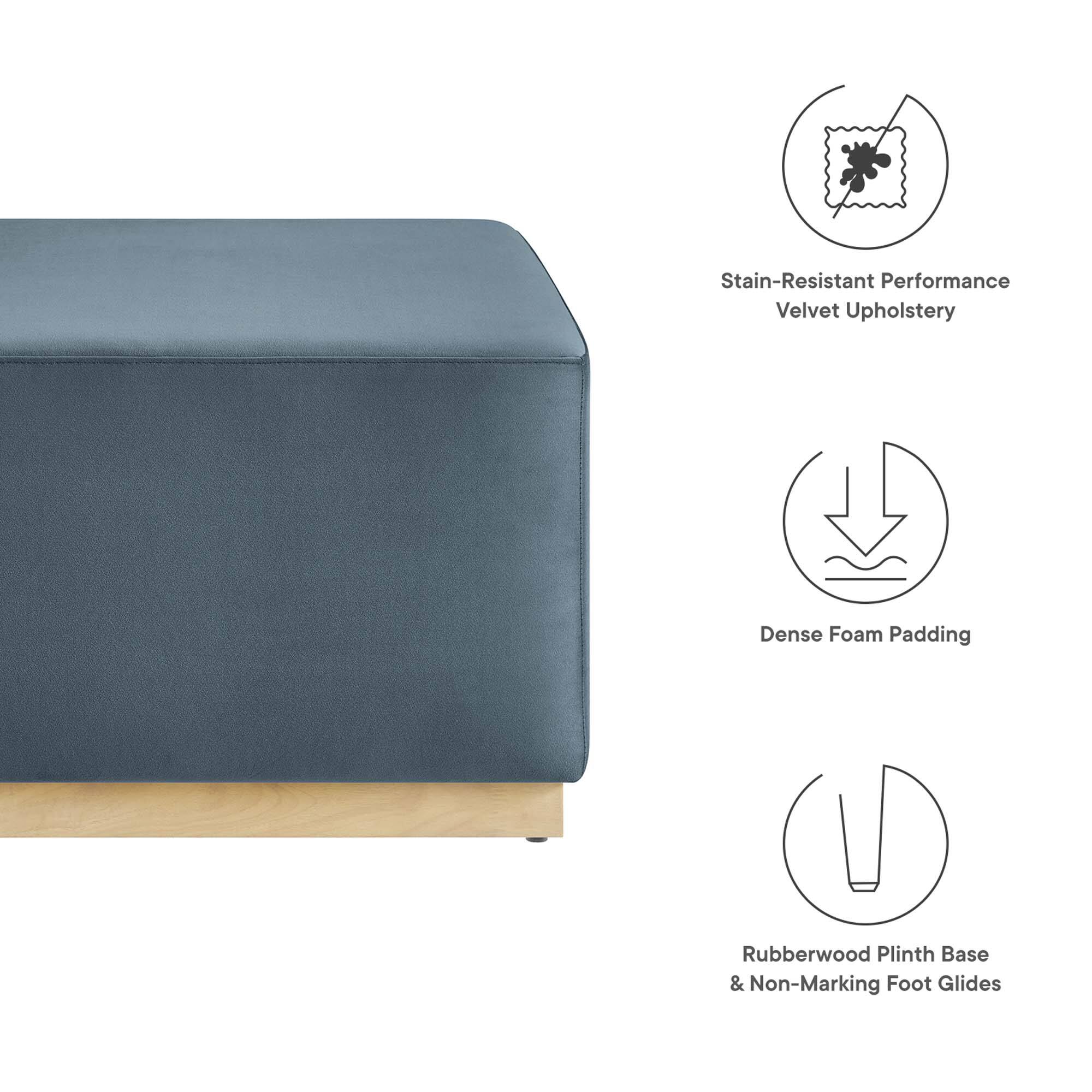- Stain-Resistant Performance Velvet Upholstery
- Dense Foam Padding
- Rubberwood Plinth Base & Non-Marking Foot Glides