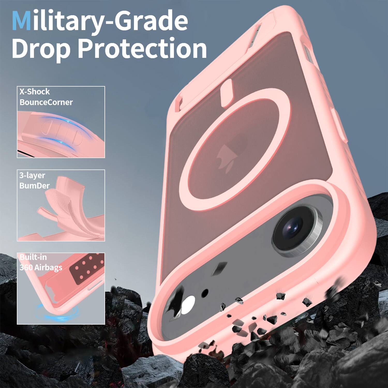 Military-Grade Drop Protection  
X-Shock BounceCorner  
3-layer BumDer  
Built-in 360 Airbags