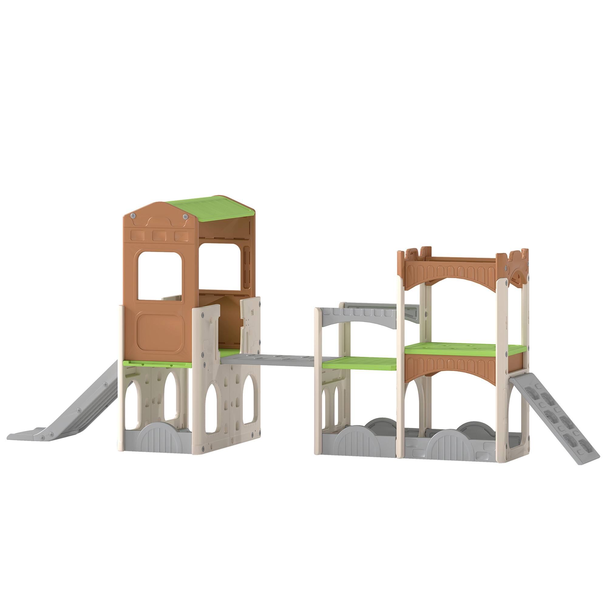 Front. Qaba - in 1 Toddler Slide Set with Balance Bridge, Playhouse, Climber, Storage - Beige, Gray, Light Green.