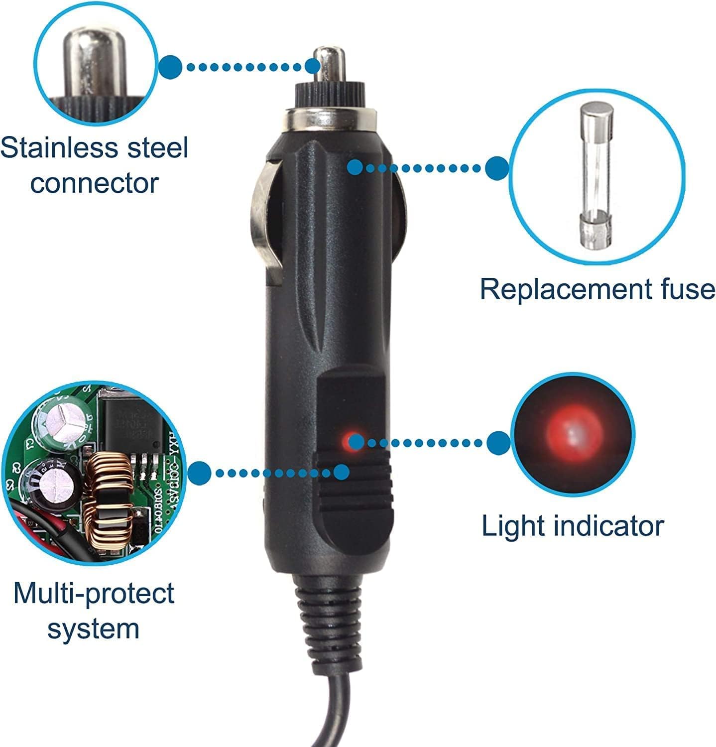 Stainless steel connector  
Replacement fuse  
Light indicator  
Multi-protect system