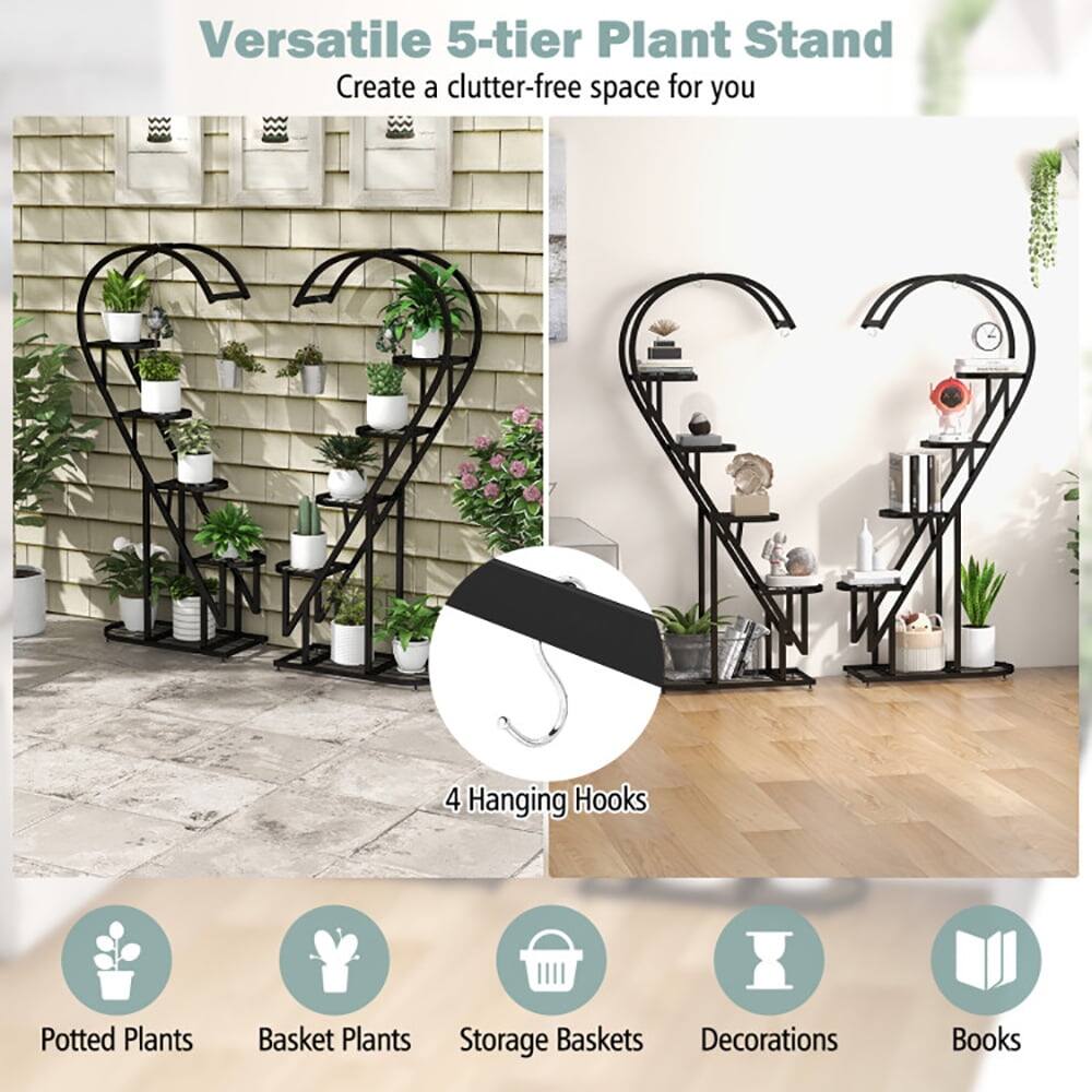 Versatile 5-tier Plant Stand  
Create a clutter-free space for you  

4 Hanging Hooks  

Potted Plants  
Basket Plants  
Storage Baskets  
Decorations  
Books