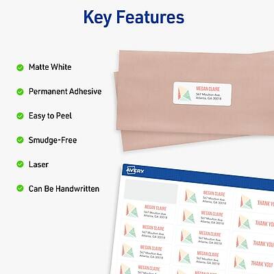 Key Features:
- Matte White
- Permanent Adhesive
- Easy to Peel
- Smudge-Free
- Laser
- Can Be Handwritten

Avery
Megan Claire
3X18
Megan Claire GA
S43
Megan Claire GA 30018
Thank You