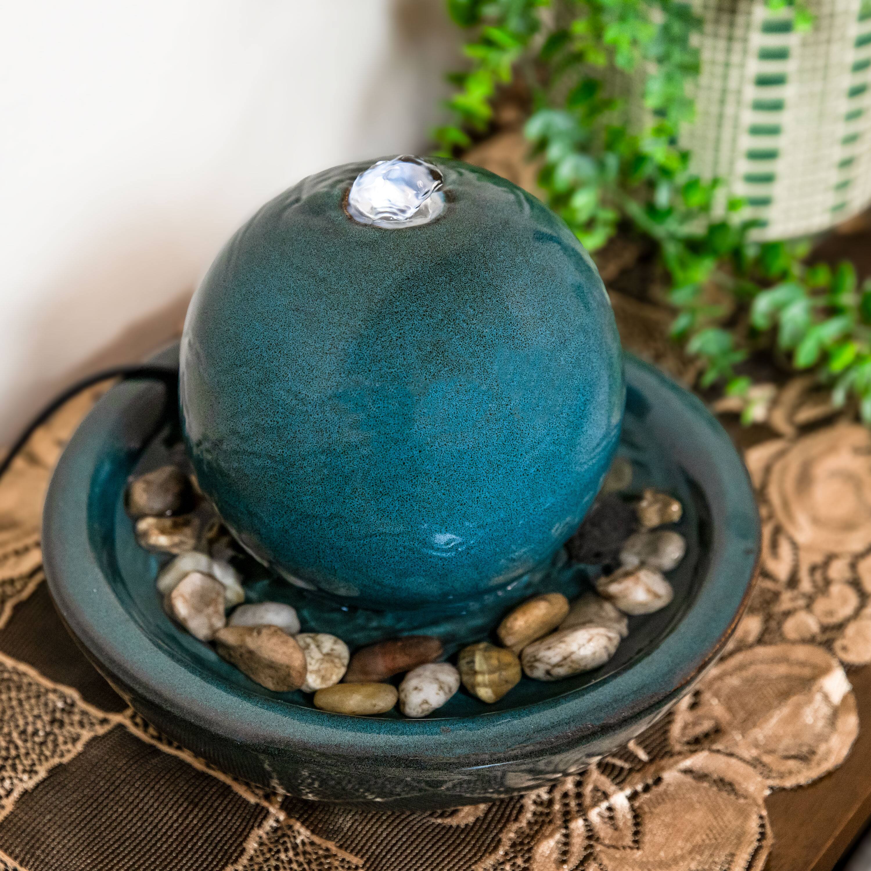 Alt View 9. Sunnydaze - Ceramic Indoor Tabletop Water Fountain with Orb - Teal.
