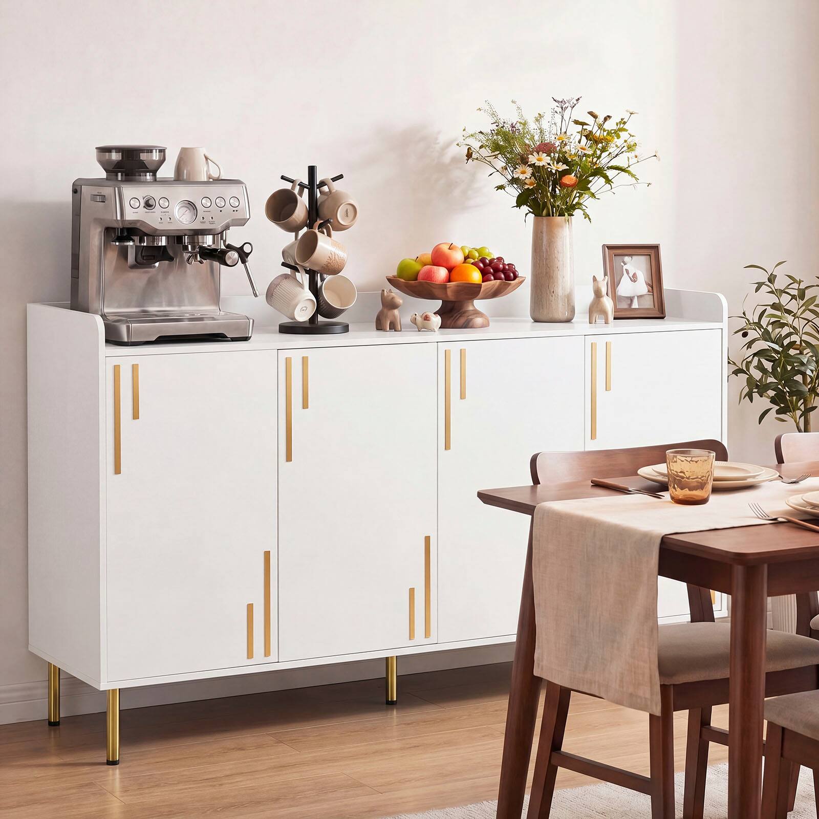 Alt View 3. Costway - Costway Buffet Cabinet, 55" Long Sideboard with 4 Doors, 5 Metal Legs for Living Room - White.