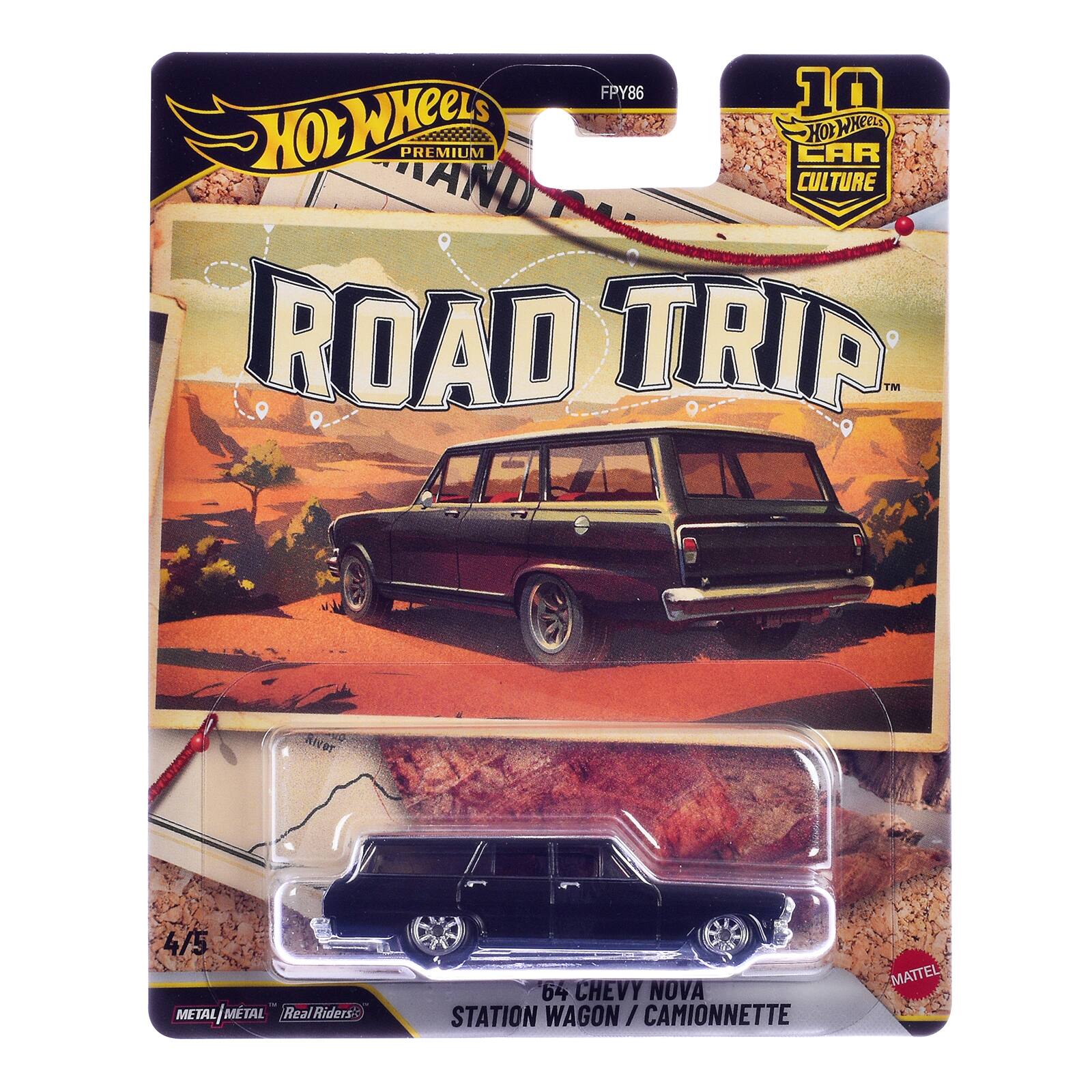 FPY86 10 HOTWHEELS WHEELS PREMIUM CAR CULTURE ROAD TRIP TM  
4/5 METAL | METAL RealRiders  
64 CHEVY NOVA STATION WAGON / CAMIONNETTE  
MATTEL