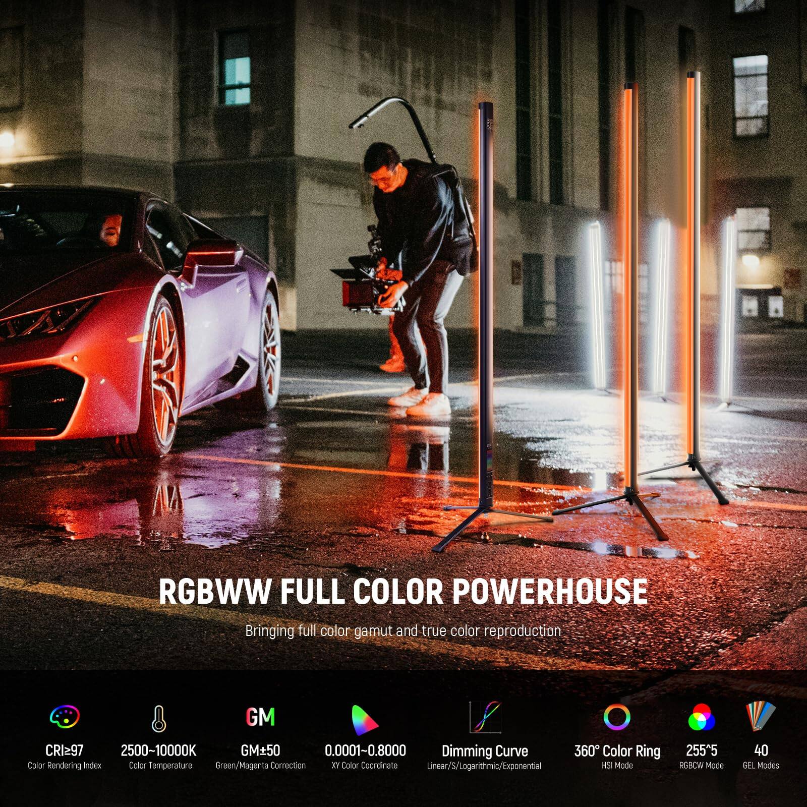 RGBWW FULL COLOR POWERHOUSE  
Bringing full color gamut and true color reproduction  

- CRI:97  
- 2500-10000K  
- GM:50  
- 0.0001-0.8000  
- Dimming Curve (Linear/S/Logarithmic/Exponential)  
- 360° Color Ring  
- Color Temperature  
- Green/Magenta Correction  
- XY Color Coordinate  
- HSI Mode  
- RGBW Mode  
- 2555  
- GEL Modes