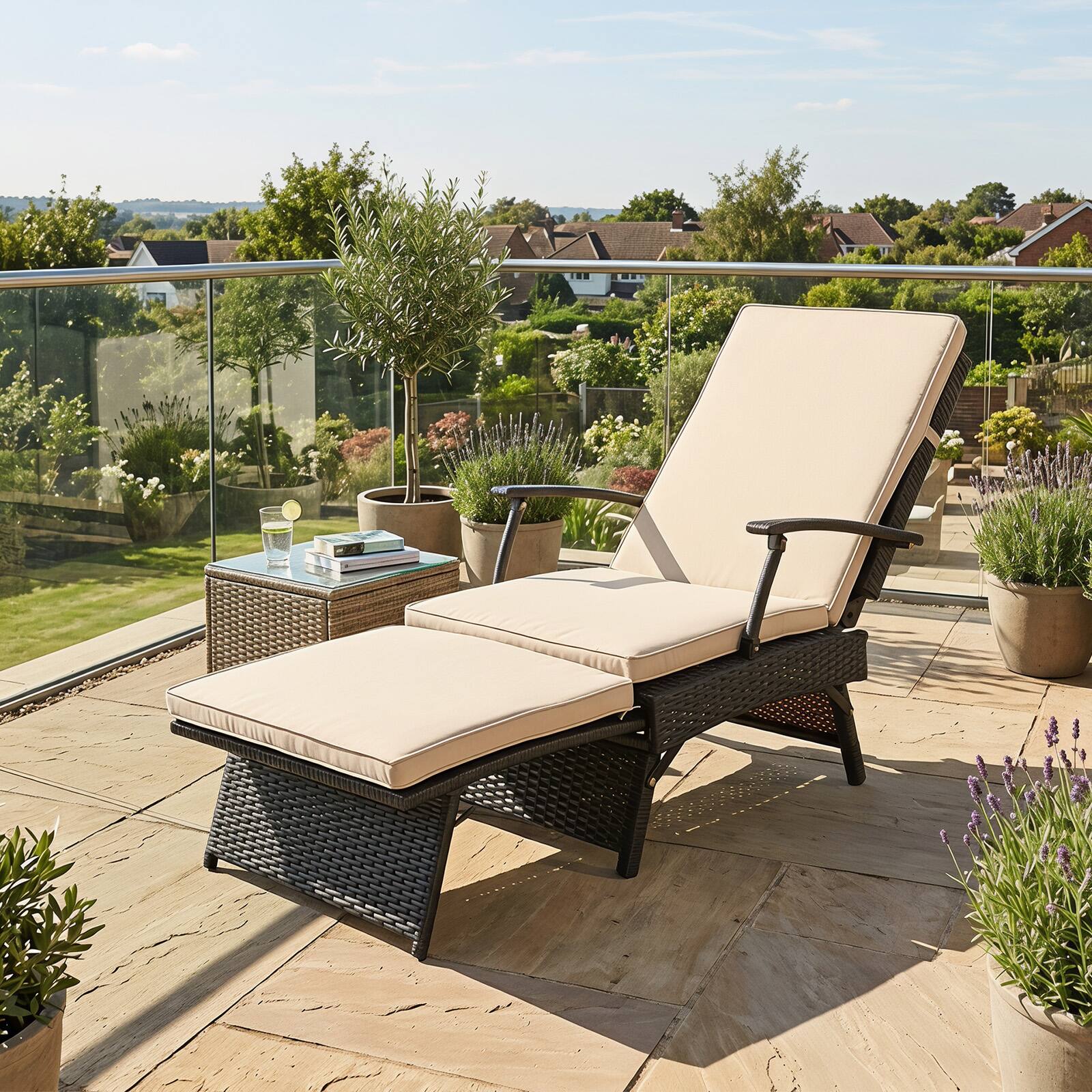 Alt View 1. Costway - Costway 1 PCS Folding Wicker Chaise Lounge with Slide-Out Ottoman, 11-Level Adjustable Backrest - Mix Brown+Beige.