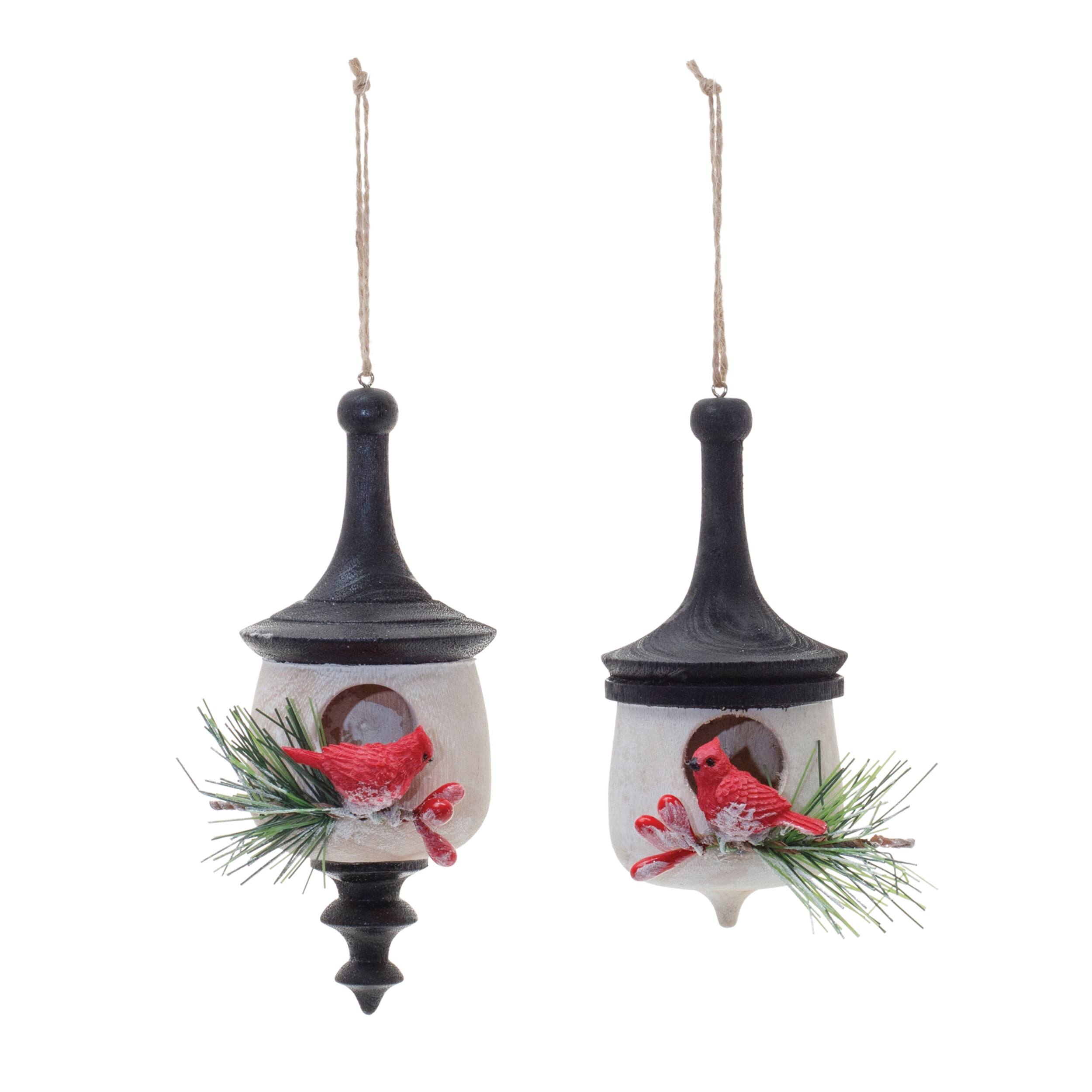 Angle. BreeBe - Wood Finial Birdhouse with Cardinal Ornament (Set of 6) - White, Red, Black.