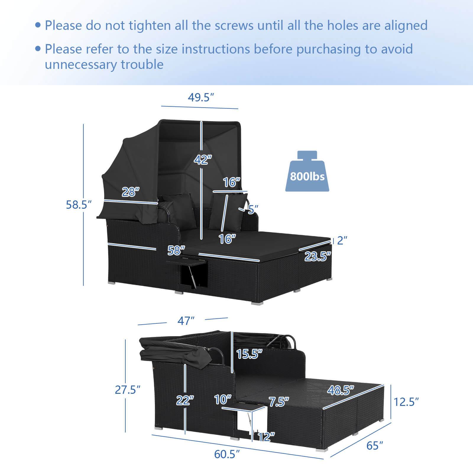 - Please do not tighten all the screws until all the holes are aligned
- Please refer to the size instructions before purchasing to avoid unnecessary trouble

- 49.5"
- 58.5"
- 28"
- 42"
- 16"
- 5"
- 800lbs
- 58"
- 16"
- 2"
- 23.5"
- 47"
- 15.5"
- 27.5"
- 22"
- 10"
- 7.5"
- 48.5"
- 12.5"
- 60.5"
- 12"
- 65"