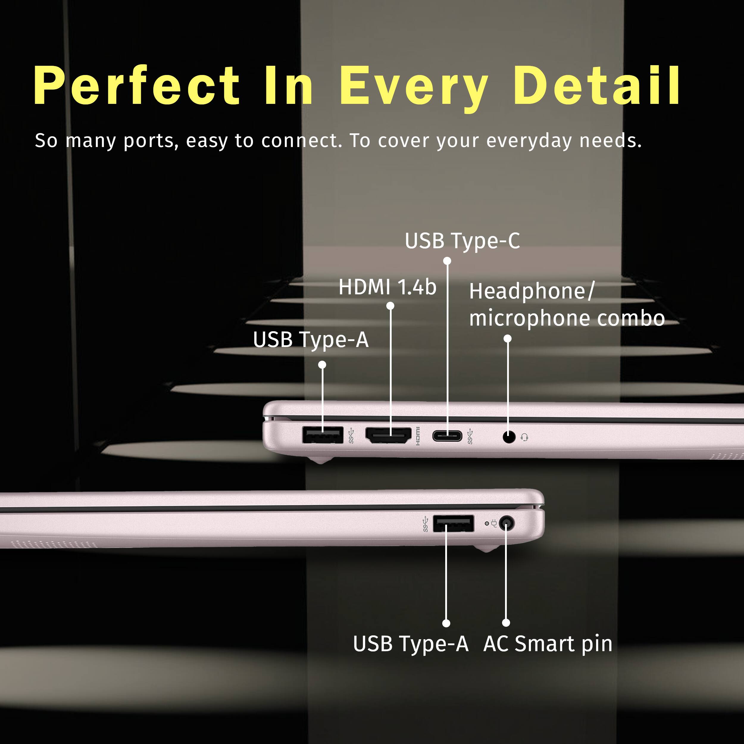 Perfect In Every Detail So many ports, easy to connect. To cover your everyday needs. USB Type-C HDMI 1.4b Headphone/ microphone combo USB Type-A USB Type-A AC Smart pin