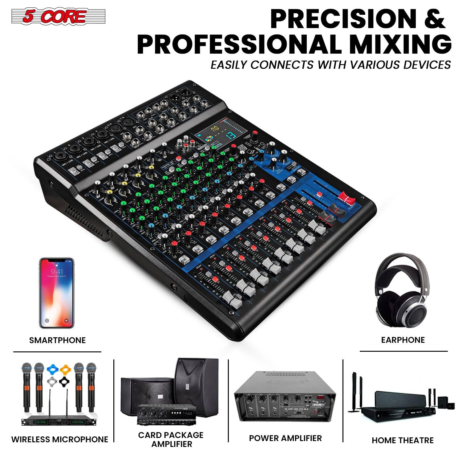 5 CORE

PRECISION & PROFESSIONAL MIXING

EASILY CONNECTS WITH VARIOUS DEVICES

- SMARTPHONE
- WIRELESS MICROPHONE
- CARD PACKAGE AMPLIFIER
- POWER AMPLIFIER
- HOME THEATRE
- EARPHONE