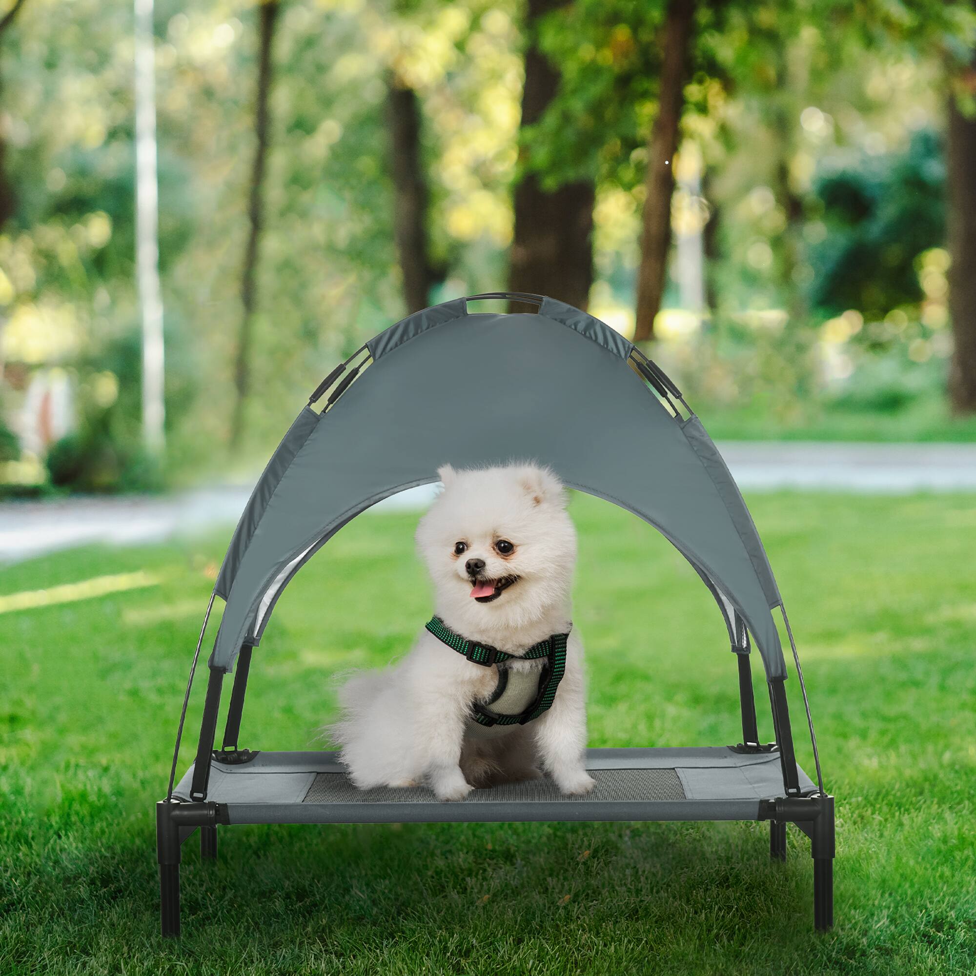 Angle. Pawhut - Elevated Dog Bed with Removable Canopy, Outdoor Dog Cot with UV Protection Canopy Shade, 30 inch Pet Bed for Camping - Grey.