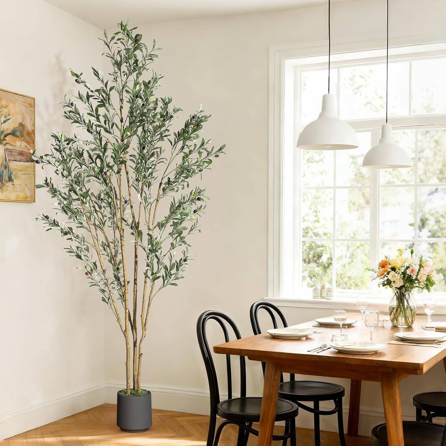 Alt View 1. Homhougo - 7FT Olive Trees Artificial Indoor, Faux Silk Plant with Natural Wood Trunk and Lifelike Fruits, Black Imitation Ceramic - Black.