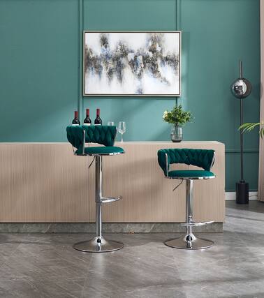 Front. APRILSOUL - Set of 2 Bar Stools Chrome Footrest Base Swivel Height Adjustable Velvet Chrome Leg GREEN - Green.