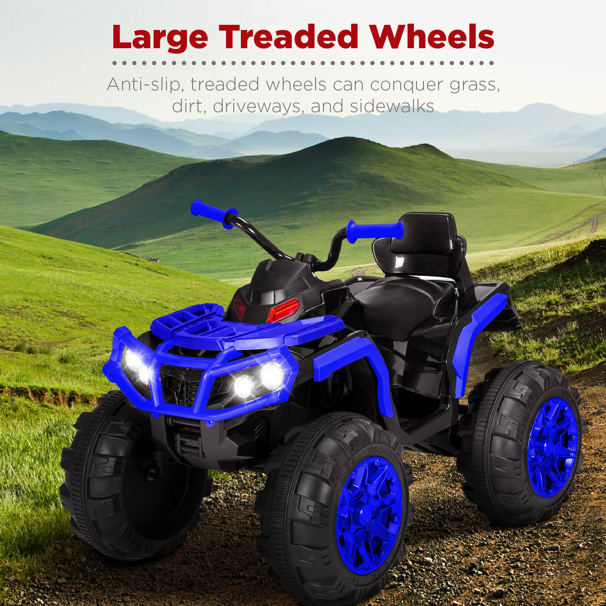 Large Treaded Wheels

Anti-slip, treaded wheels can conquer grass, dirt, driveways, and sidewalks