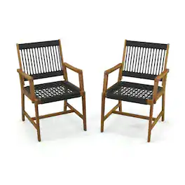 Pefilos - Set of 2 Patio Acacia Wood Dining Chairs with Armrests, Chair with Acacia Wood Frame - Black