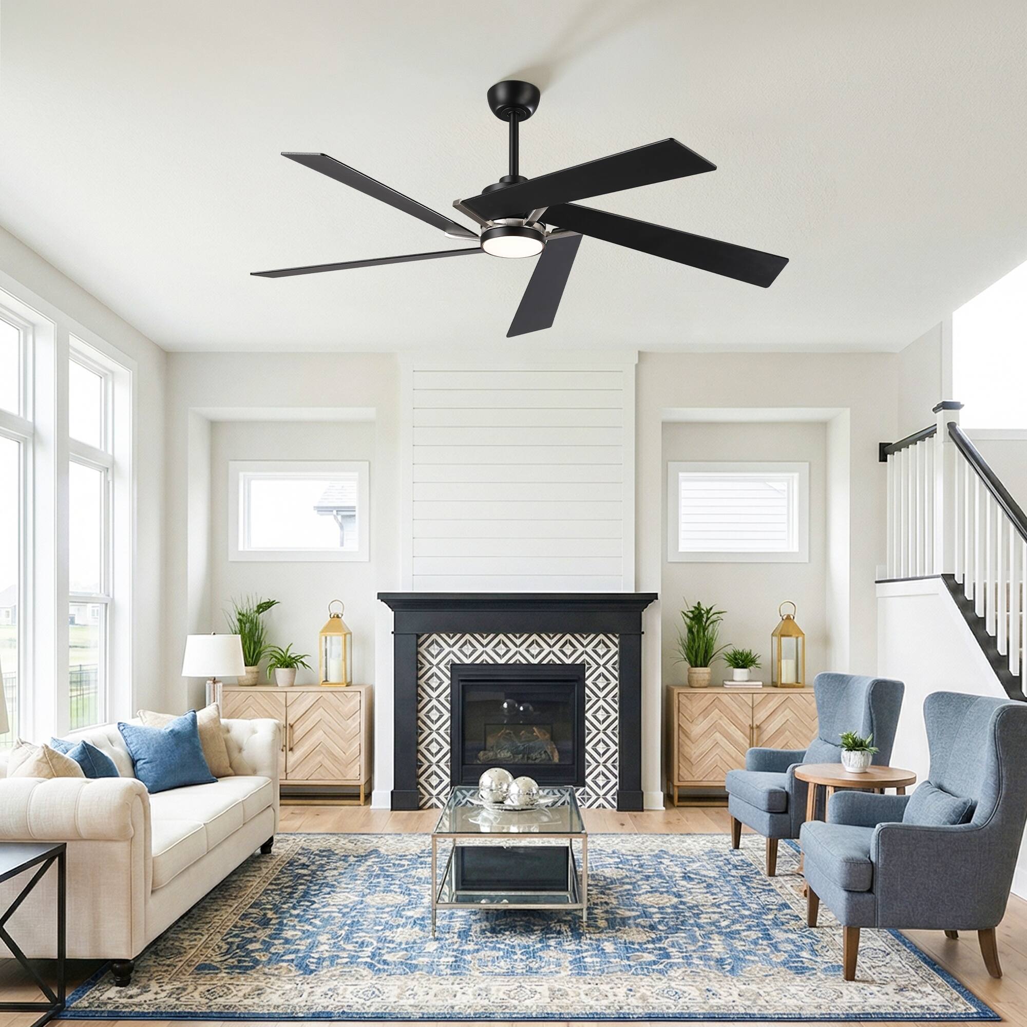 Angle. Parrot Uncle - 60" Modern Black LED Ceiling Fan with Remote Control and Reverible Blades - Black.