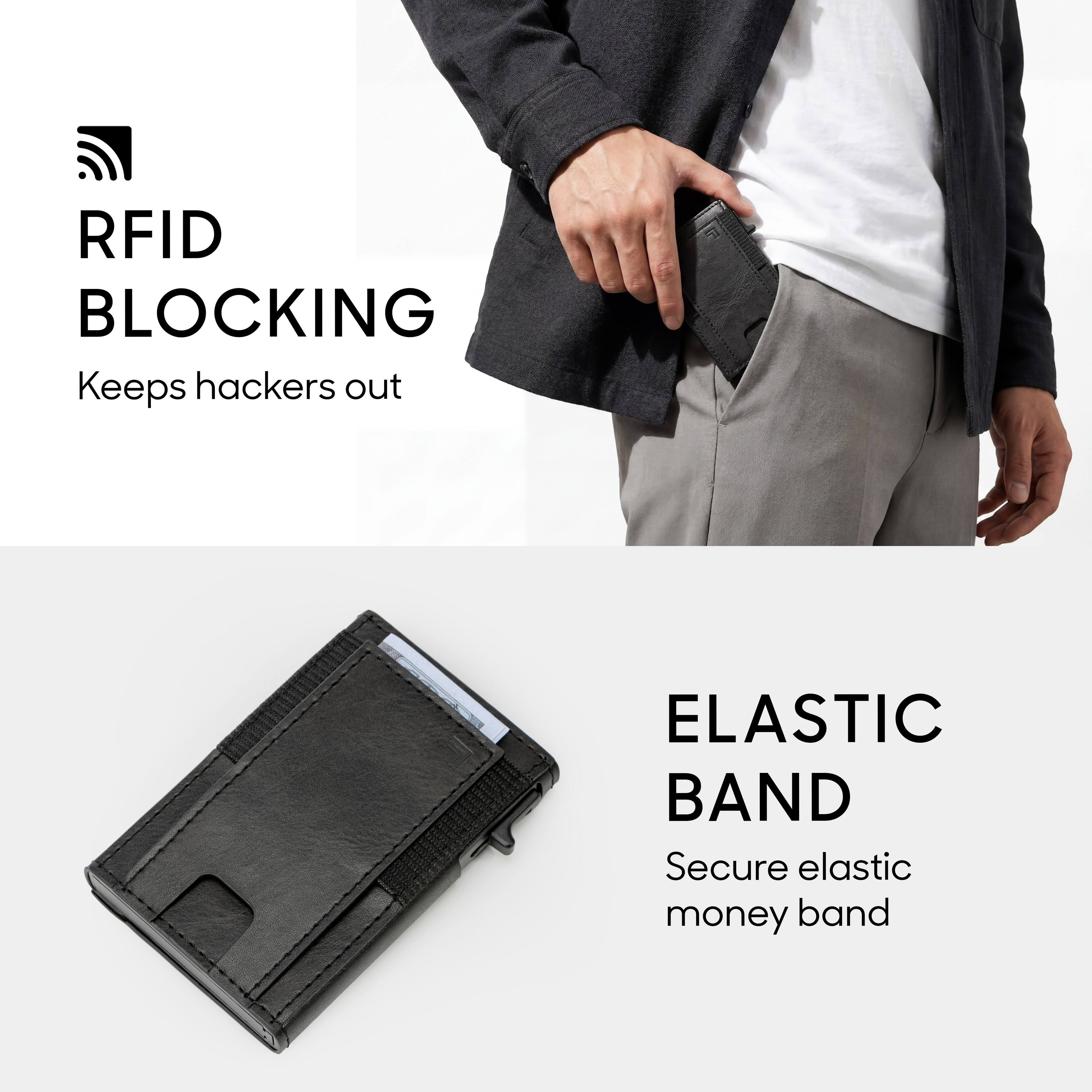 RFID BLOCKING  
Keeps hackers out  

ELASTIC BAND  
Secure elastic money band