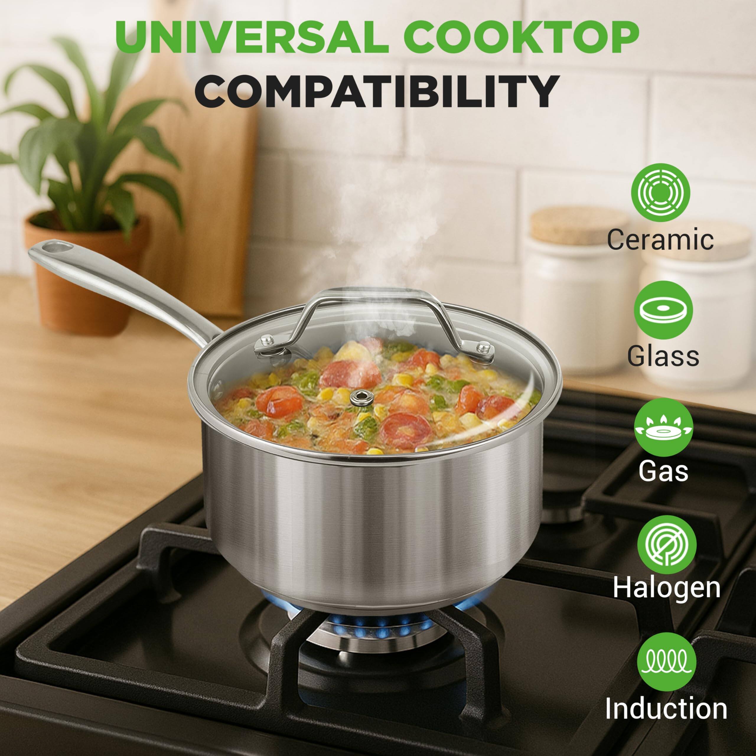 UNIVERSAL COOKTOP COMPATIBILITY  
Ceramic  
Glass  
Gas  
Halogen  
Induction