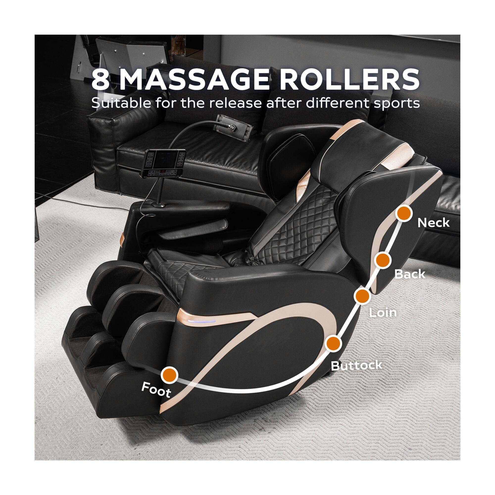 8 MASSAGE ROLLERS  
Suitable for the release after different sports

Neck  
Back  
Loin  
Foot  
Buttock